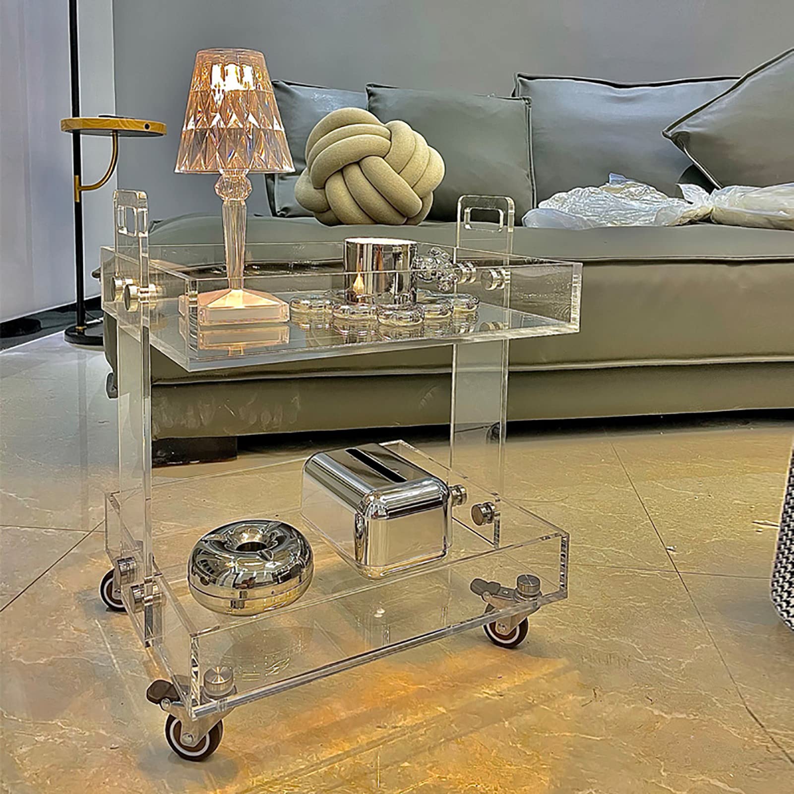 BINNGY Removable Transparent Acrylic Trolley Living Room Sofa Side Double Shelf Coffee Table Bedroom Bedside Snack Trolley