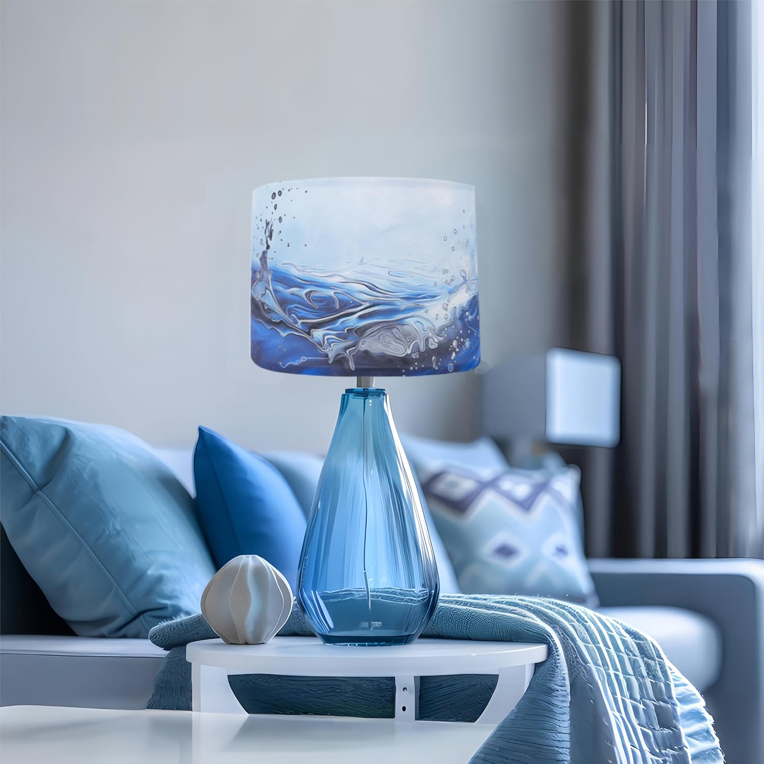 Decorative Lamp Shade, Polyester Fibre Printed Abstract Sea Waves Drum Shade, 13" Top x 13" Bottom x 10" Height, Includes 2pcs Steel Ring (Sea waves)