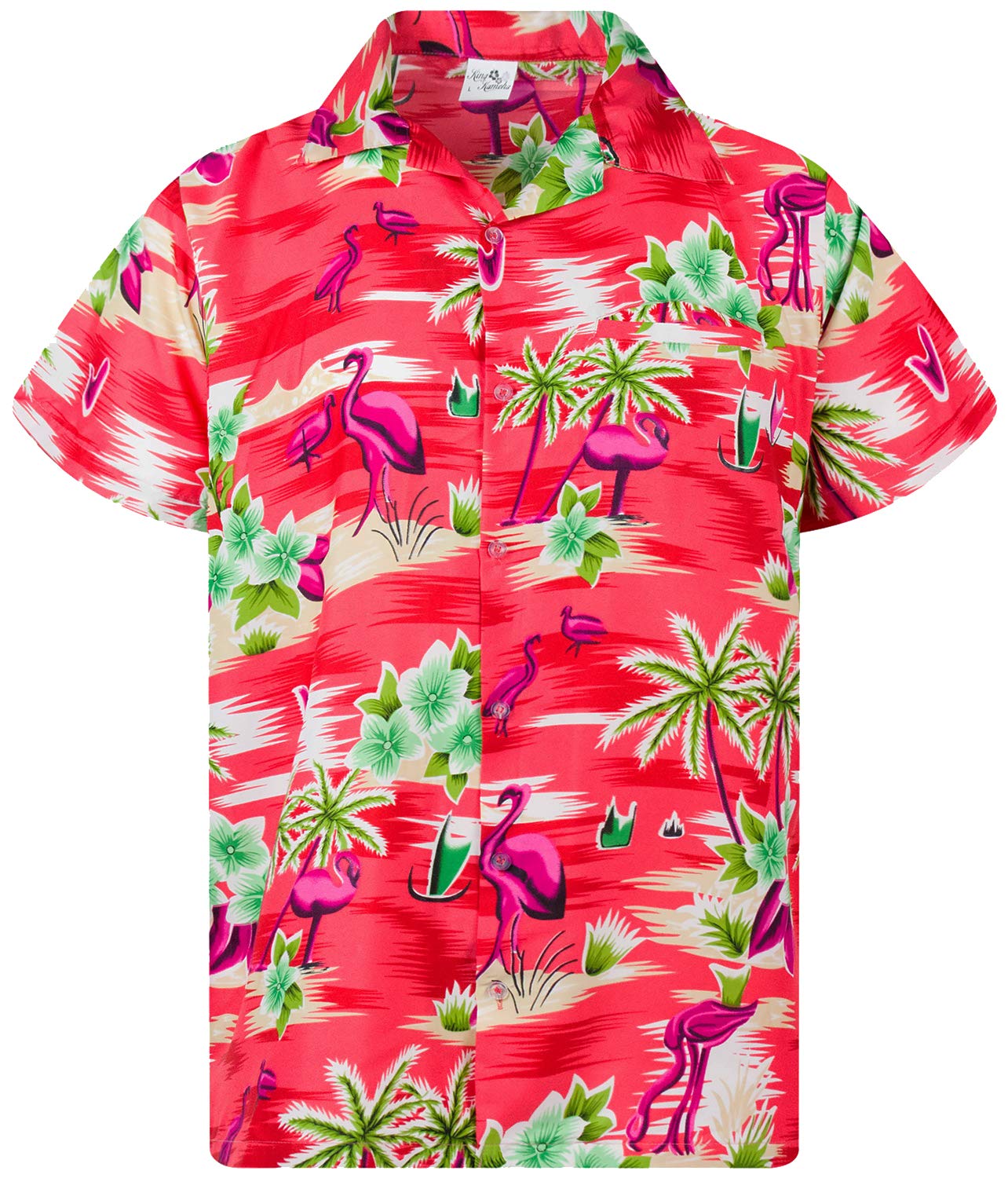 King Kameha Funky Hawaiian Shirt for Men – Tropical Men’s Hawaiian Shirt Short Sleeve, Flamingos, Red, XXL