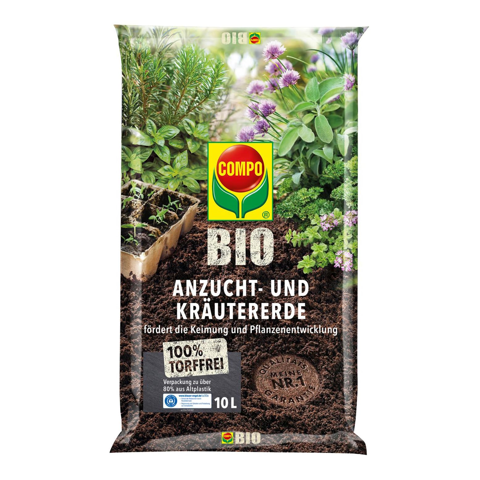 COMPO BIO Anzuchterde und Kräutererde, Erde für Aussaaten, Kräuter, Stecklinge und Jungpflanzen, Blumenerde, Torffrei, 10 Liter