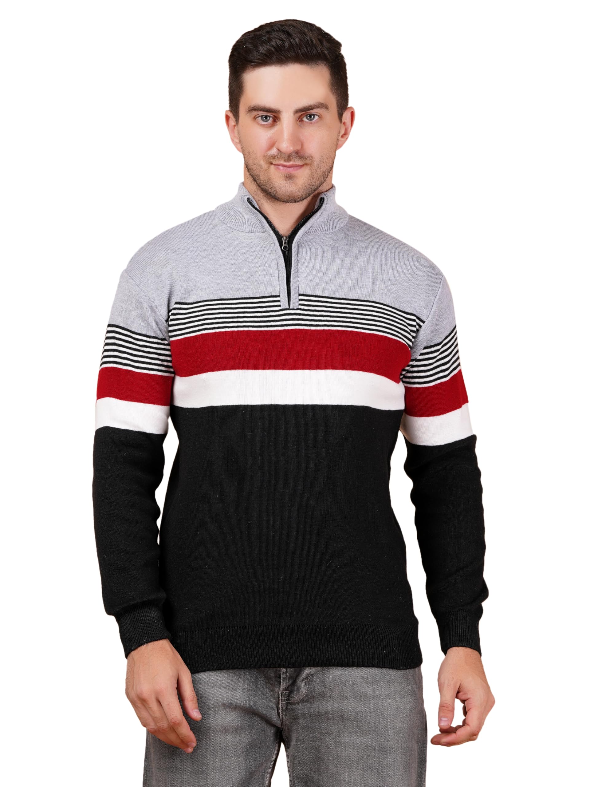 axolotl Men's Quarter Zip Sweater, Color Block Design Stripes, Knitted Long Sleeve Pullover, Casual Winter Wear-picture-28