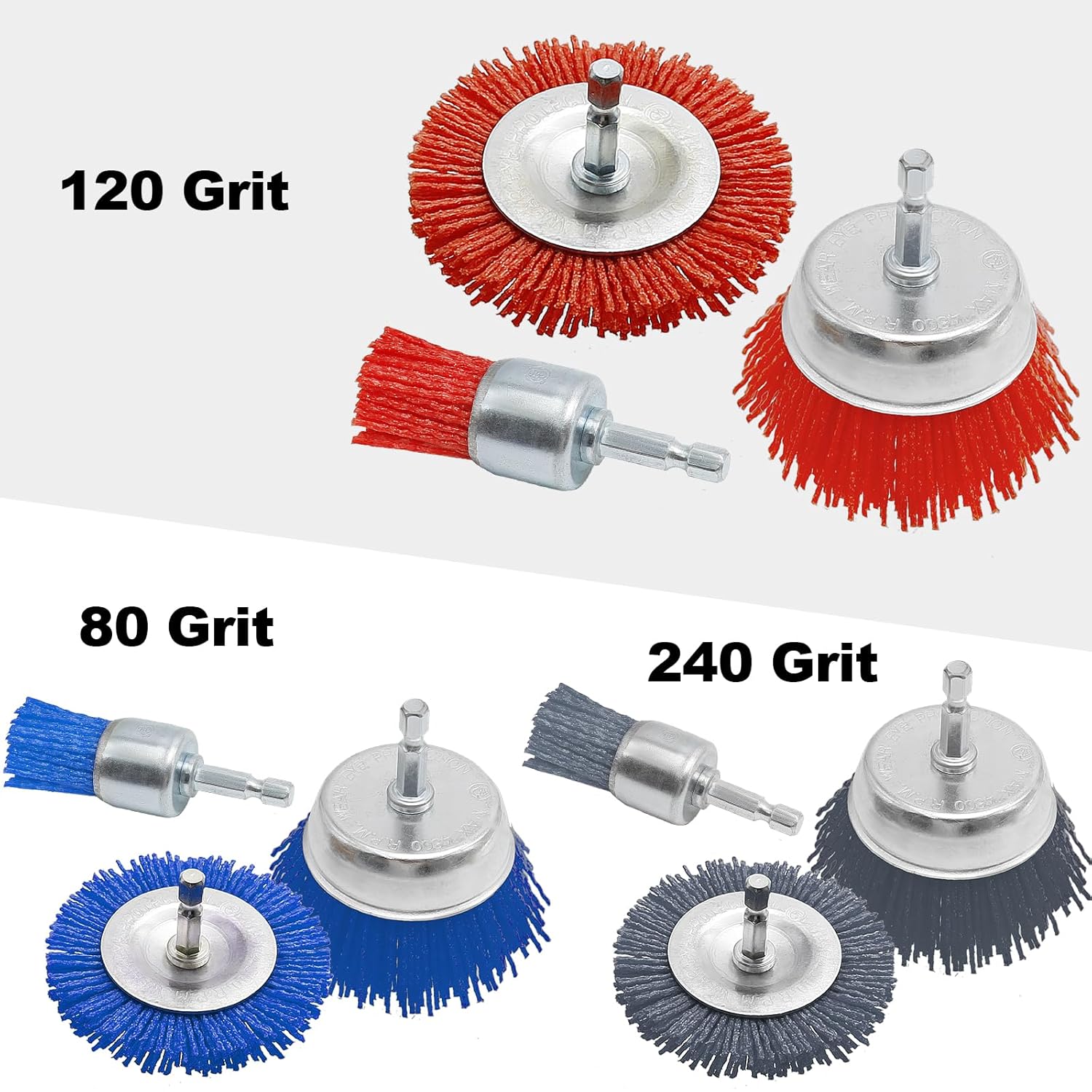 9Pcs Nylon Filament Abrasive Wire Brush Wheel & Cup Brush Set with 1/4 Inch Hex Shank 3 Sizes and Color Nylon Drill Brush Set Remove Rust, Corrosion, Paint, 80 Grit, 120 Grit, 240 Grit