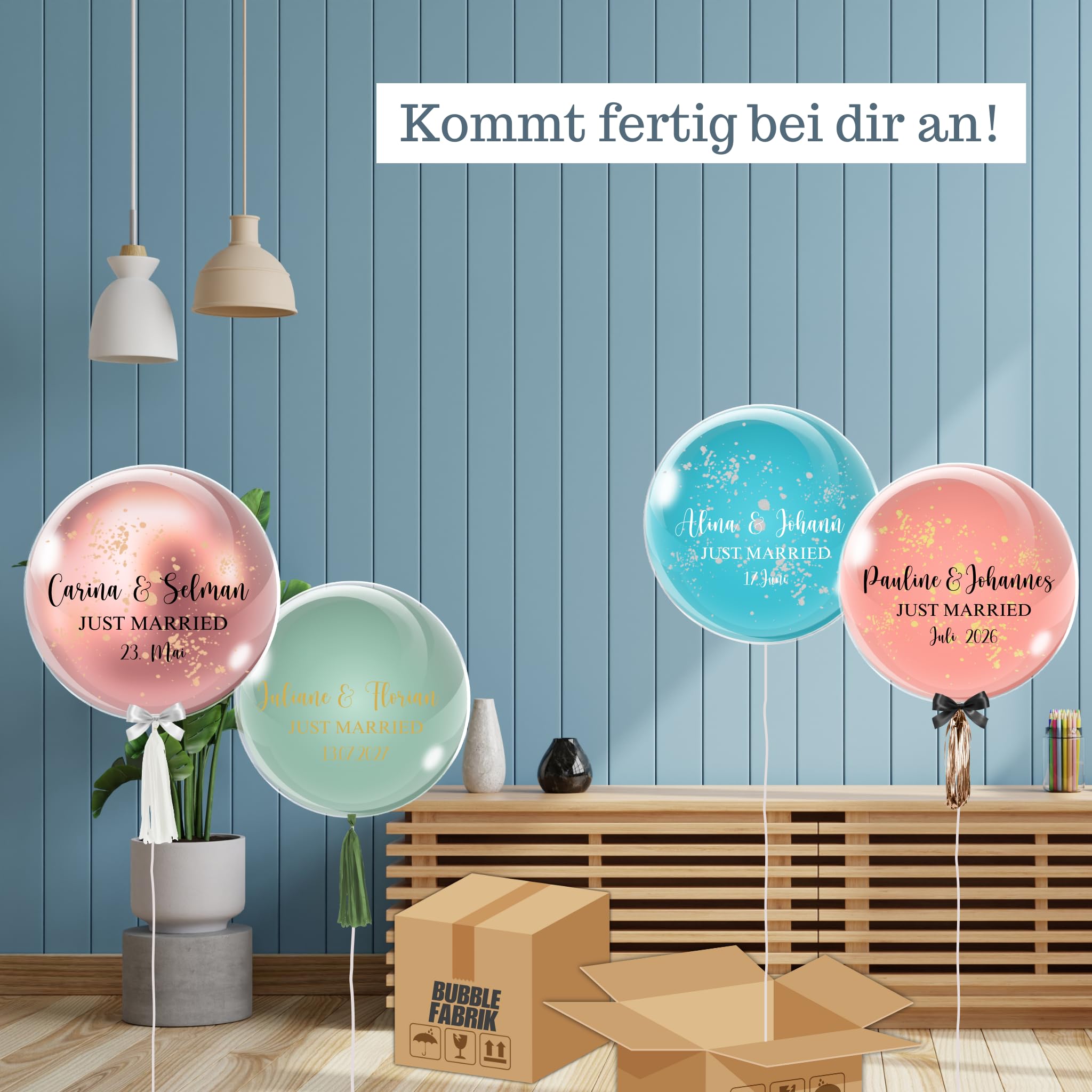Just Married - Bubble Fabrik - Personalisiertes Ballongeschenk: Einfarbiger Heliumballon mit Blattgold, Geschenk zur Hochzeit, Hochzeitsmitbringsel, Geschenkidee