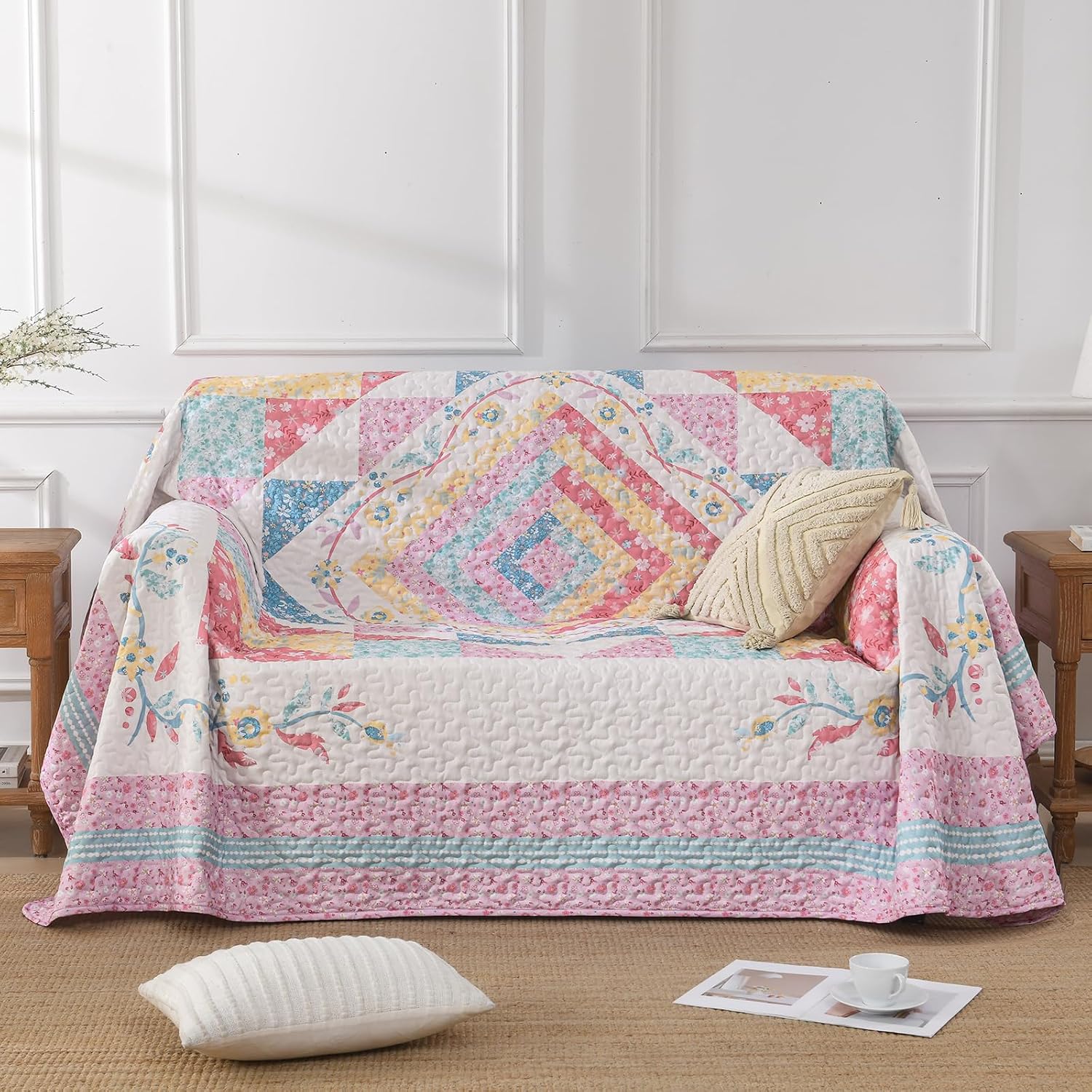 Dobuyly Queen Quilt Set,Floral Patchwork Bedspreads Queen Size,Summer Pink Girl Vintage Lightweight Coverlet Set for Queen Bed for All Season96 x90
