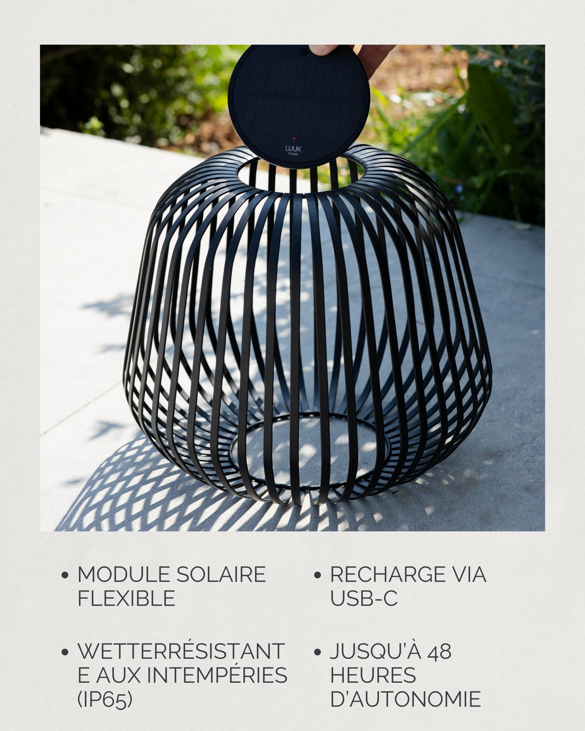 LUUK Studio Lanterne Solaire Noir, Rechargeable Lampe de Terrasse, sans fil étanchéité IP65 pour usage intérieur et extérieur, Decoration jardin, Eclairage Balcon, Patio, Lumière d’ambiance dimmable