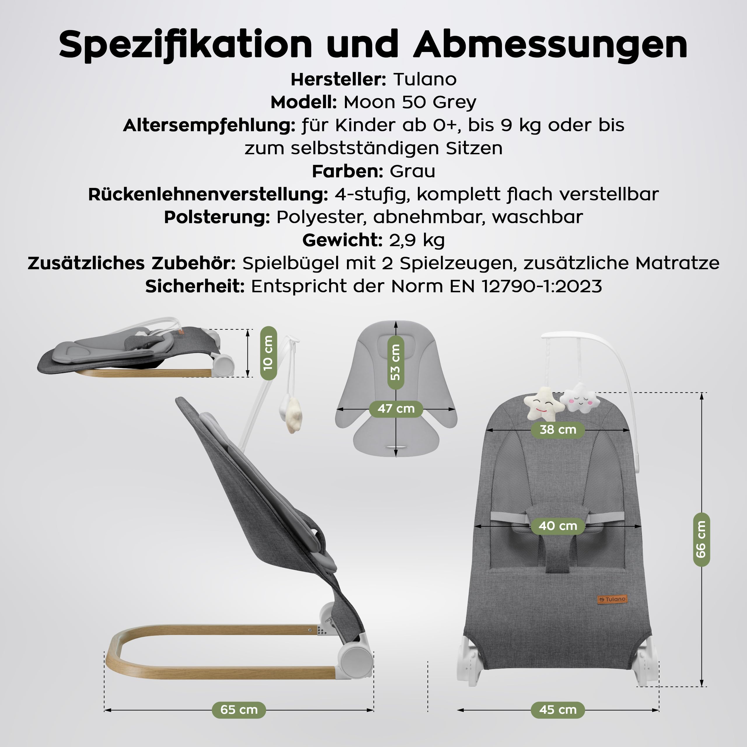 Tulano Moon 50 Babywippe – Babyschaukel mit Spielbogen Baby – 4 Positionen | Baby Wippe ab Geburt – natürliches Wippen – 3-Punkt-Gurt – UltraSoft-Matratze – Bezug waschbar – faltbar – Grau