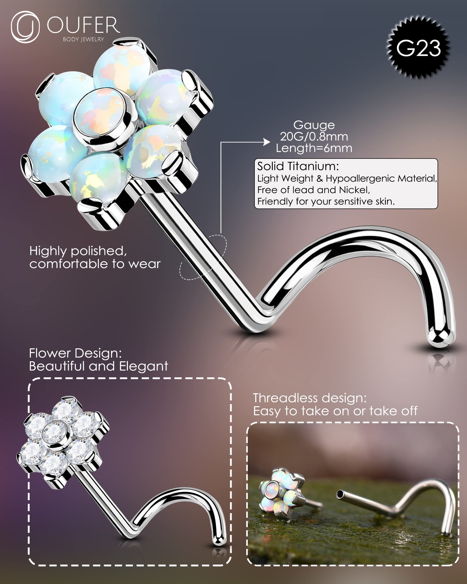 OUFER 20G Nose Screw Studs, Flower Designed Clear CZ Paved Push-in Nose Rings, G23 Solid Titanium Nose Studs, Nostril Piercing Jewelry for Women and Men