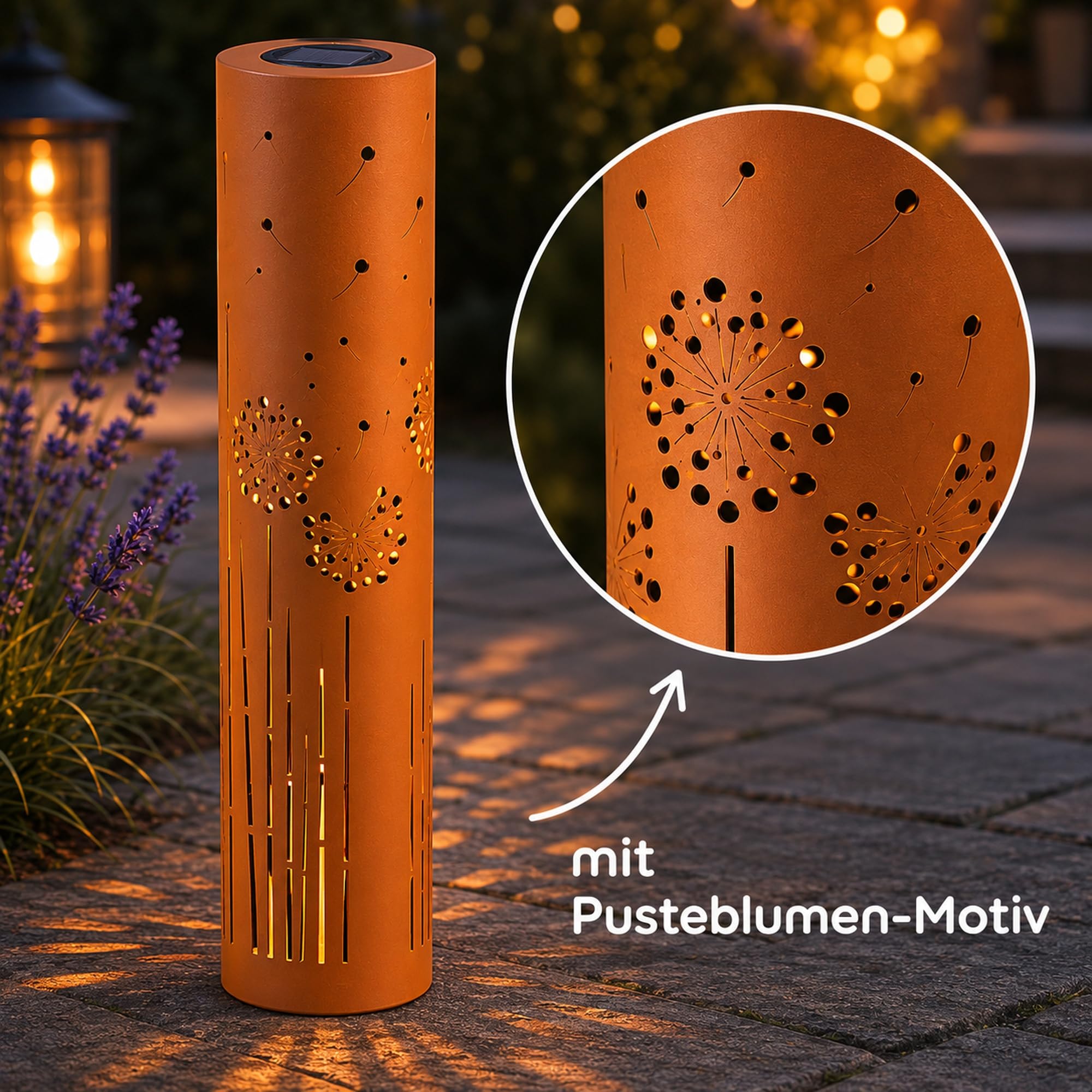 UNUS 2er Set Solarlampen für den Garten 60 cm und 80 cm, mit Pusteblume, Gartenlampen für draußen in Rostbraun, Solarlaterne für den Außenbereich als Gartenbeleuchtung