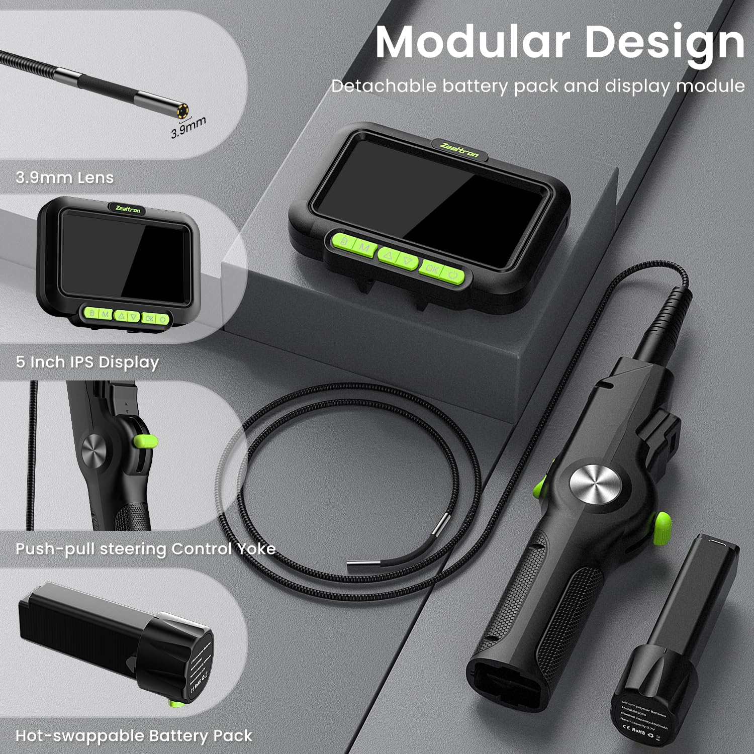 Endoscopio con Rotación Bidireccional 210° | Cámara Endoscópica de Inspección, Sonda 3.9mm, Tubo Flexible Autorecuperable 1m, Pantalla IPS 5" | para Motor/Tuberías