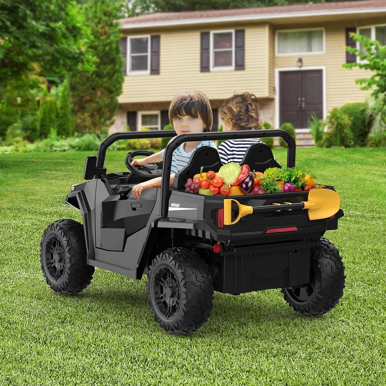 GarveeTech Leistungsstarkes 24V Kinder Elektroauto UTV Buggy – 2-Sitzer, 4x4 Allradantrieb, 4x550W Motoren, 2,4G Fernbedienung, Musik & LED-Licht, 3 Geschwindigkeiten, Offroad Spielzeug ab 3 Jahren,