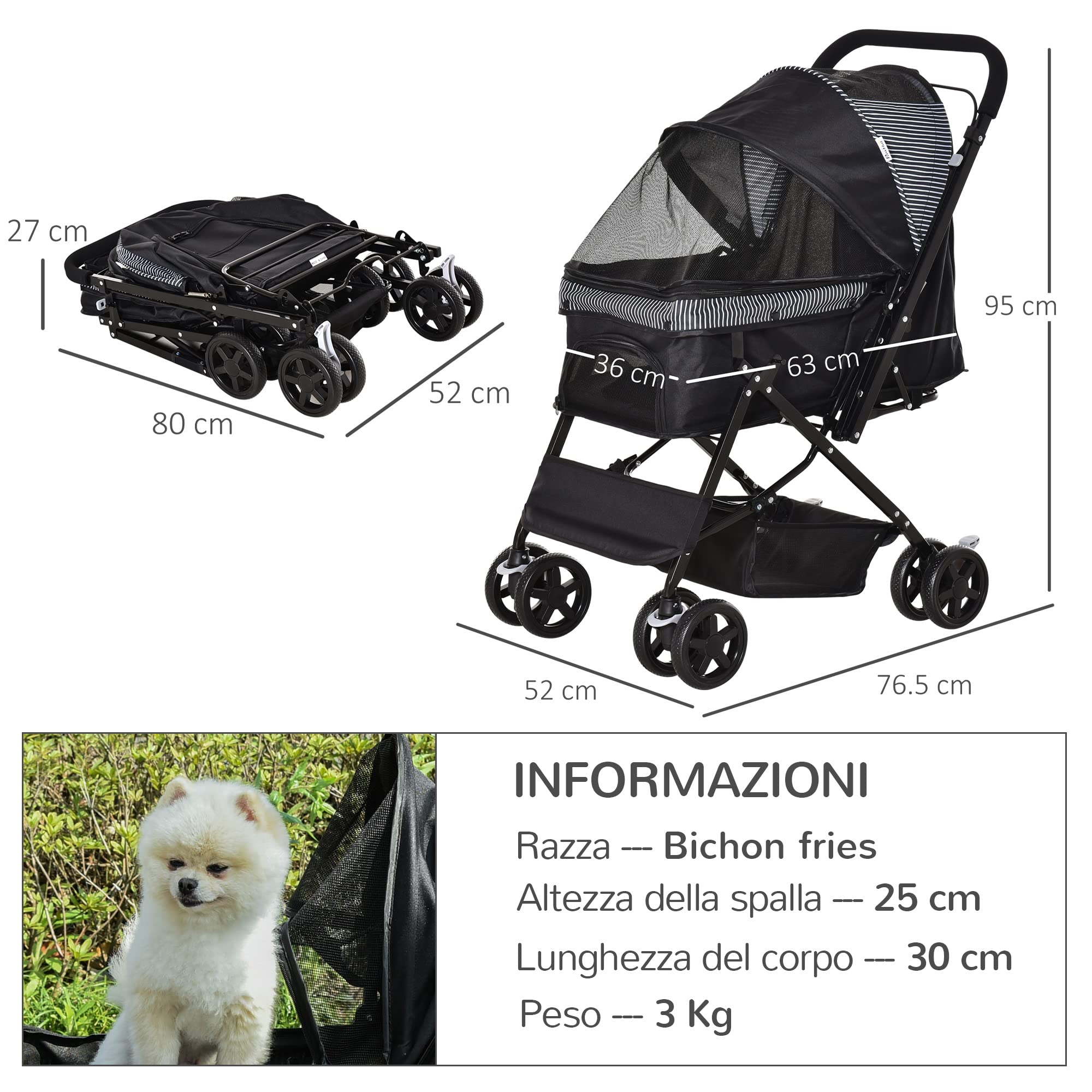 PawHut Passeggino per Cani Piccoli Pieghevole con Maniglione Girevole Ruote con Freni in EVA, Passeggino Cane con Cestino Portaoggetti, 76.5x52x95cm, Nero