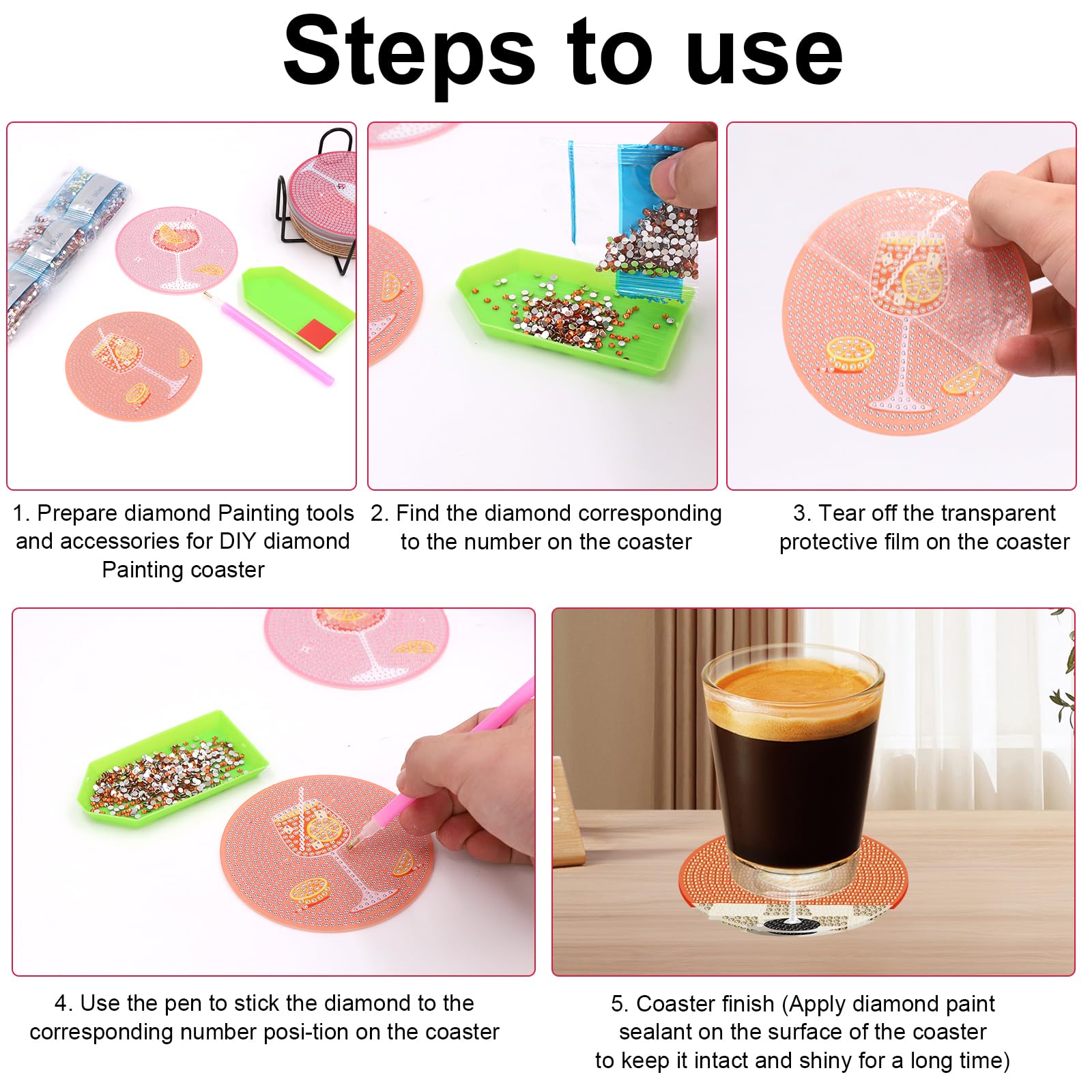 8 PCS Posavasos de Pintura Diamantes con Soporte, Posavasos de Diamantes, Posavasos de Arte de Diamantes con Estilo cóctel Antideslizantes Vasos para Bebidas de Bar, Principiantes, Adultos y Niños