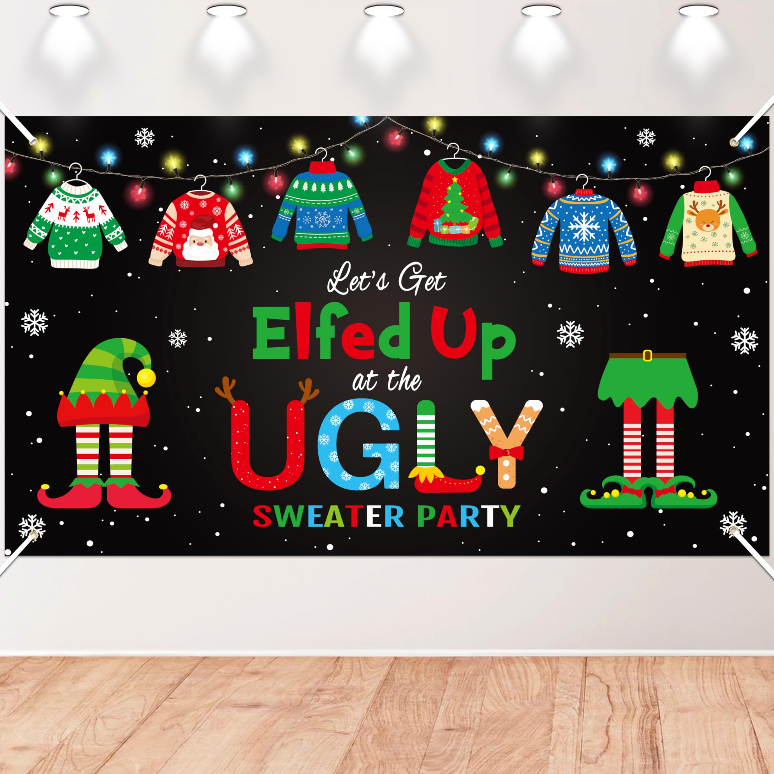 WATINC Xtralarge Christmas Ugly Sweater Party Backdrop Banner Let’s Get Elfed Up Decoration, Winter New Year Photo Booth Prop Background Family Holiday Decor for Party Wall Home 79 X 45 Inch