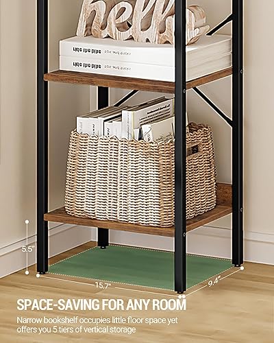 Miniatura 8 de Hzuaneri Estantería estrecha de 5 niveles, con 2 ganchos, estantería para oficina en casa, sala de estar, dormitorio, cocina, marrón rústico y negro