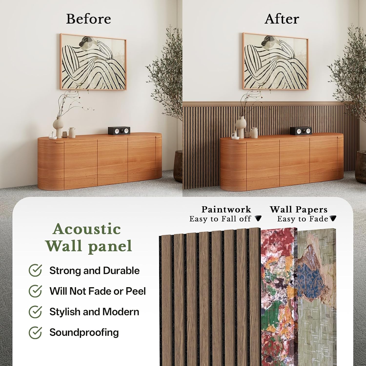 MISSDAY Wood Slat Acoustic Wall Panels, 4 Packs 94.5" x 12.6" Walnut Soundproof Panel For Interior Wall Decor Noise Absorbing-3D Textured Wooden Panel Sound-Absorbing for Home, Office, Studio