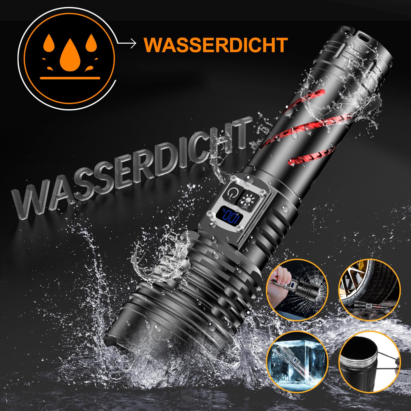 Relybo Led Taschenlampe Extrem Hell 1,000,000 LM - 60W Starke Taschenlampe | 1600m Reichweite Taschenlampe Led Aufladbar, 4 Modi, Stufenlos Dimmbar, Wasserdicht Für Outdoor Camping Wandern Notfälle