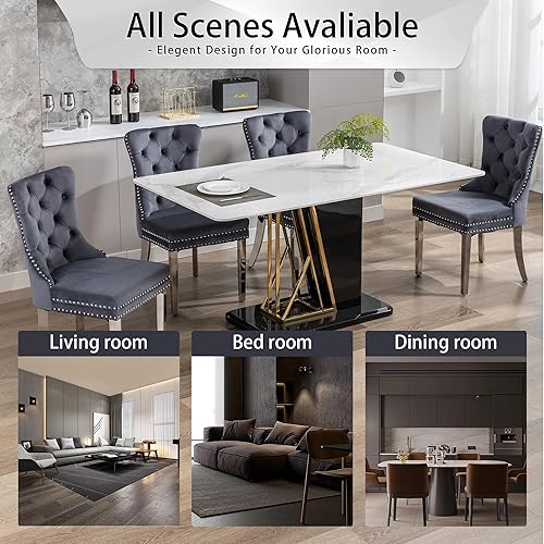 Miniatura 8 de Juego de 2 sillas de comedor, sillas de terciopelo copetudas con patas modernas de acero inoxidable, anillo de metal con ribete de remache, respaldo