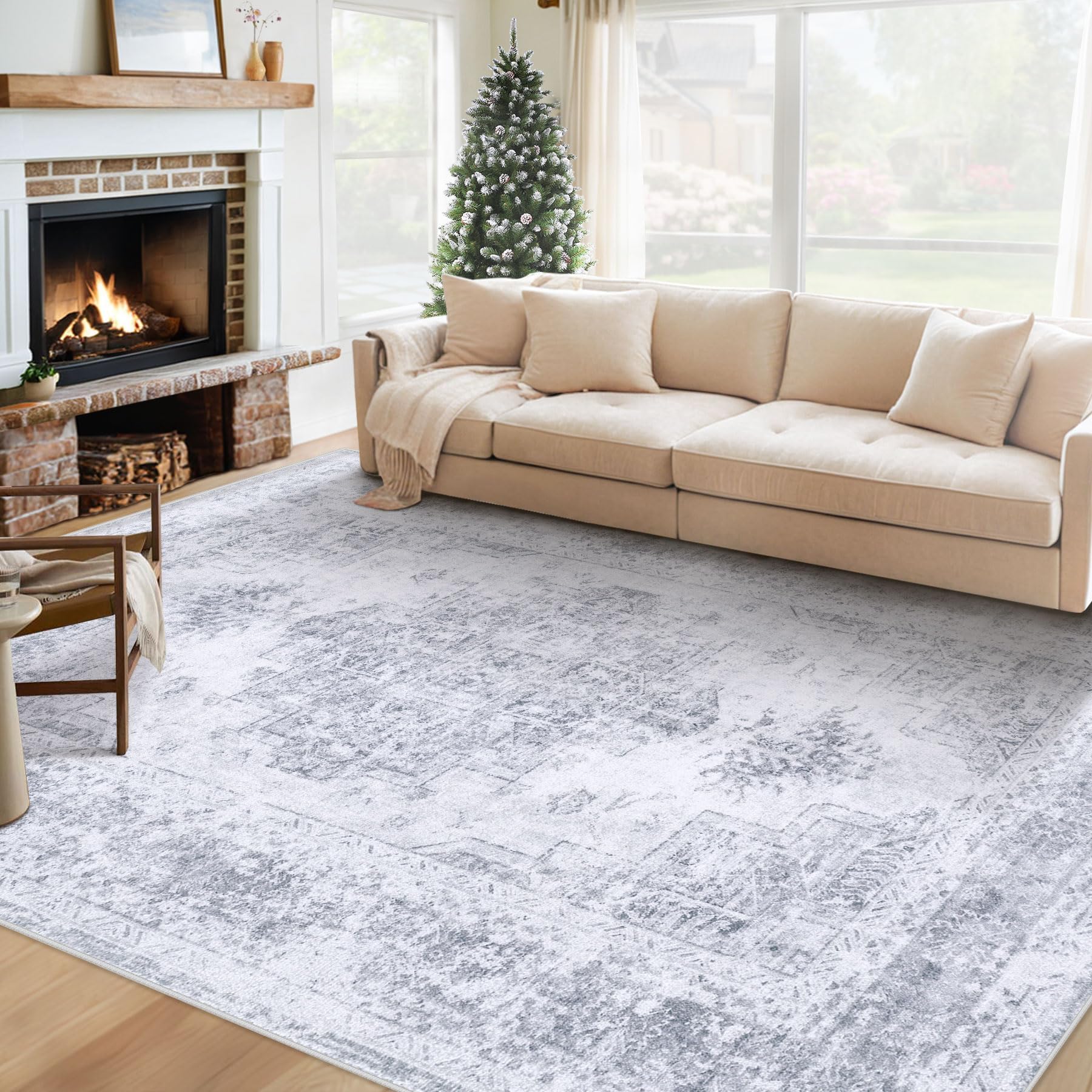XLUEZ Area Rug 6x9 Living Room Rug, Machine Washable Vintage Distressed Medallion Rug Non-Slip Soft Low Pile Large Indoor Rugs for Bedroom Kitchen