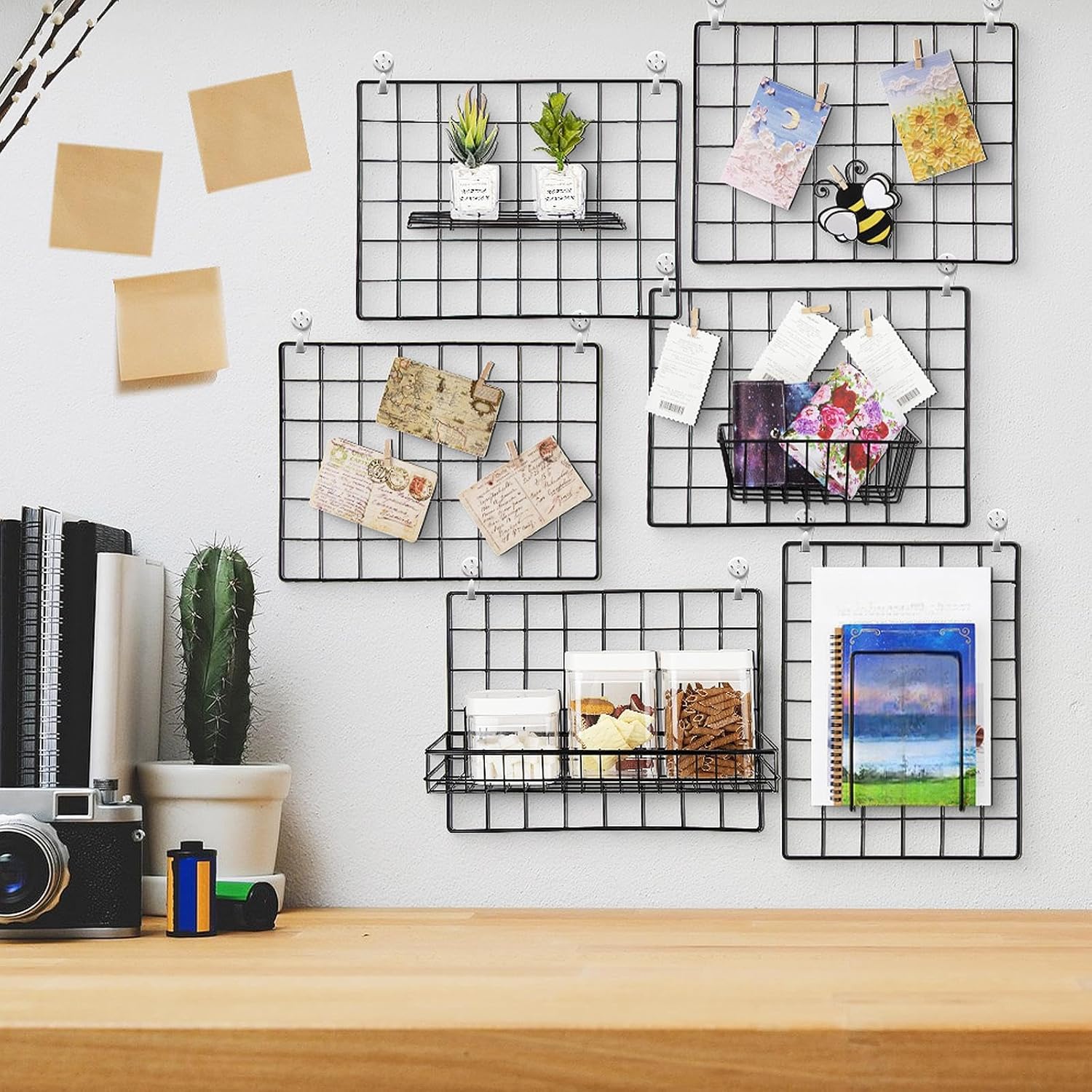 6 Pack 16 x 12 Inch Black Wall Grid Wire Panel with Accessories 1 Black Hanging Wire Basket, 1 Shelf, 1 Hook Rack, 2 Letter Sorter Shelf, 20 Clips, 12 Non Trace Nail, 2 Hemp Rope, Photo Home Decor