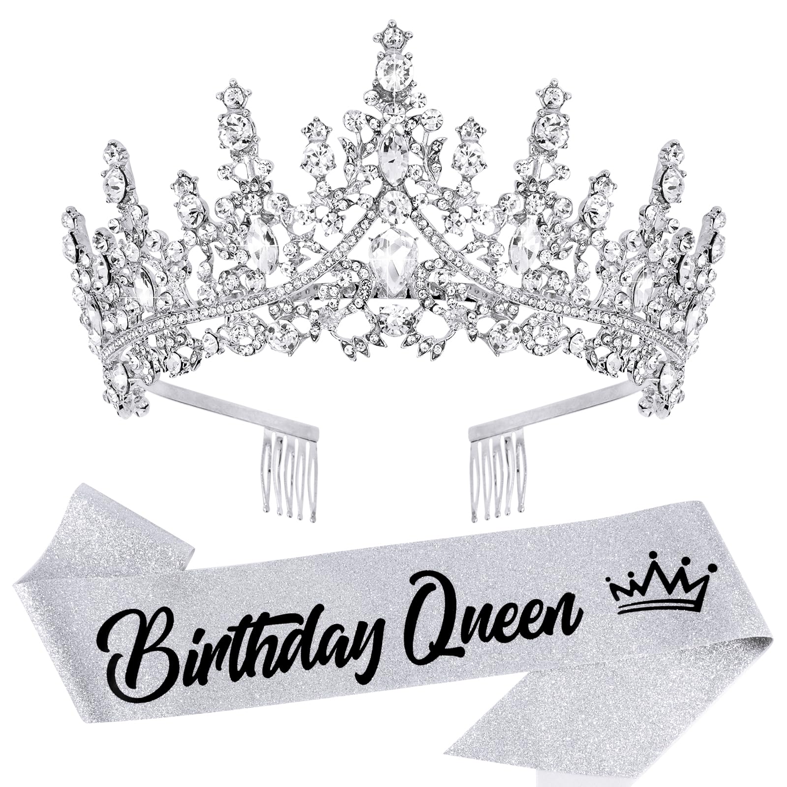 VELSCRUN Silver Crystal Birthday Queen Tiara Crowns for Women Girls Birthday Queen Headband Sash Elegant Princess Crown with Combs Hair Accessories Happy Birth Party Decorations Mom