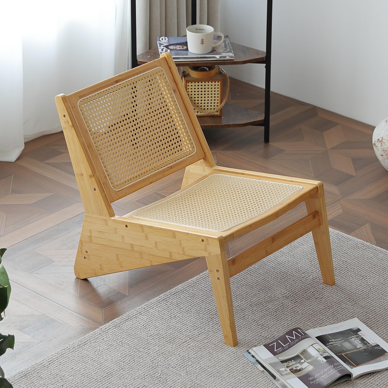 MBOOYOME Mid Century Modern Accent Chair, Compact Low-Profile Lounge Chair | Solid Wood Armchair with Woven Rattan Cane Seat and Back for Small Spaces, Bedroom, Reading Nook and Living Room, Wood-image-21