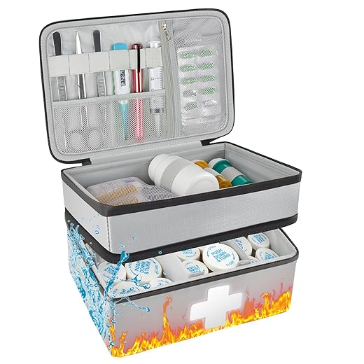 Medicine Storage Case, Fireproof & Waterproof Pill Bottle Organizer Bag, Large Emergency First Aid Box Holds for Medical Stethoscope/ Heart Rate Monitor/ Pen Light Accessories, for Travel & Home Use