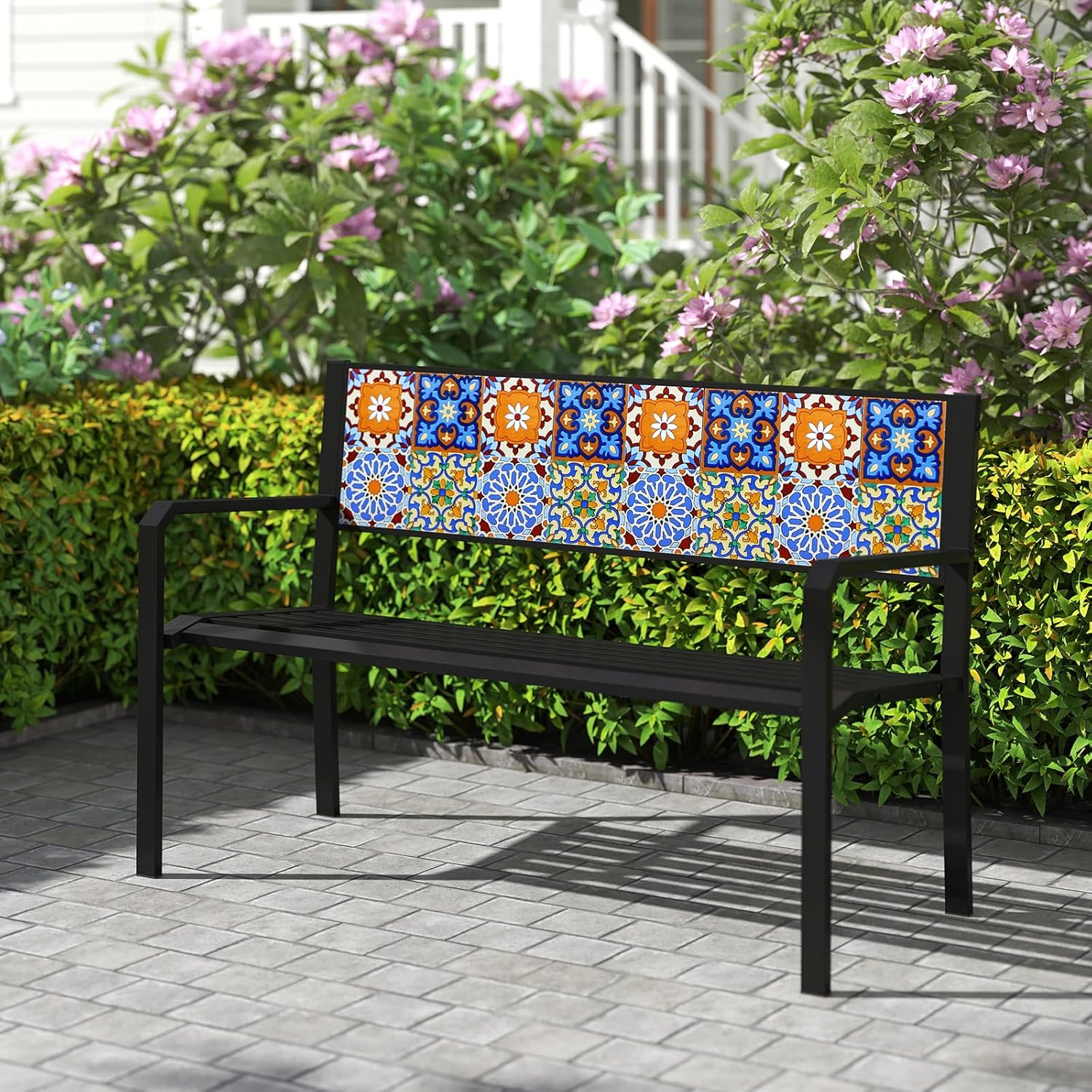 Tangkula 50" Metal Patio Park Bench, Modern Outdoor Classic Slatted Loveseat for 2-3 People with Curved Seat & Mosaic Backrest, Heavy-Duty Outdoor Seating for Backyard, Poolside, Porch