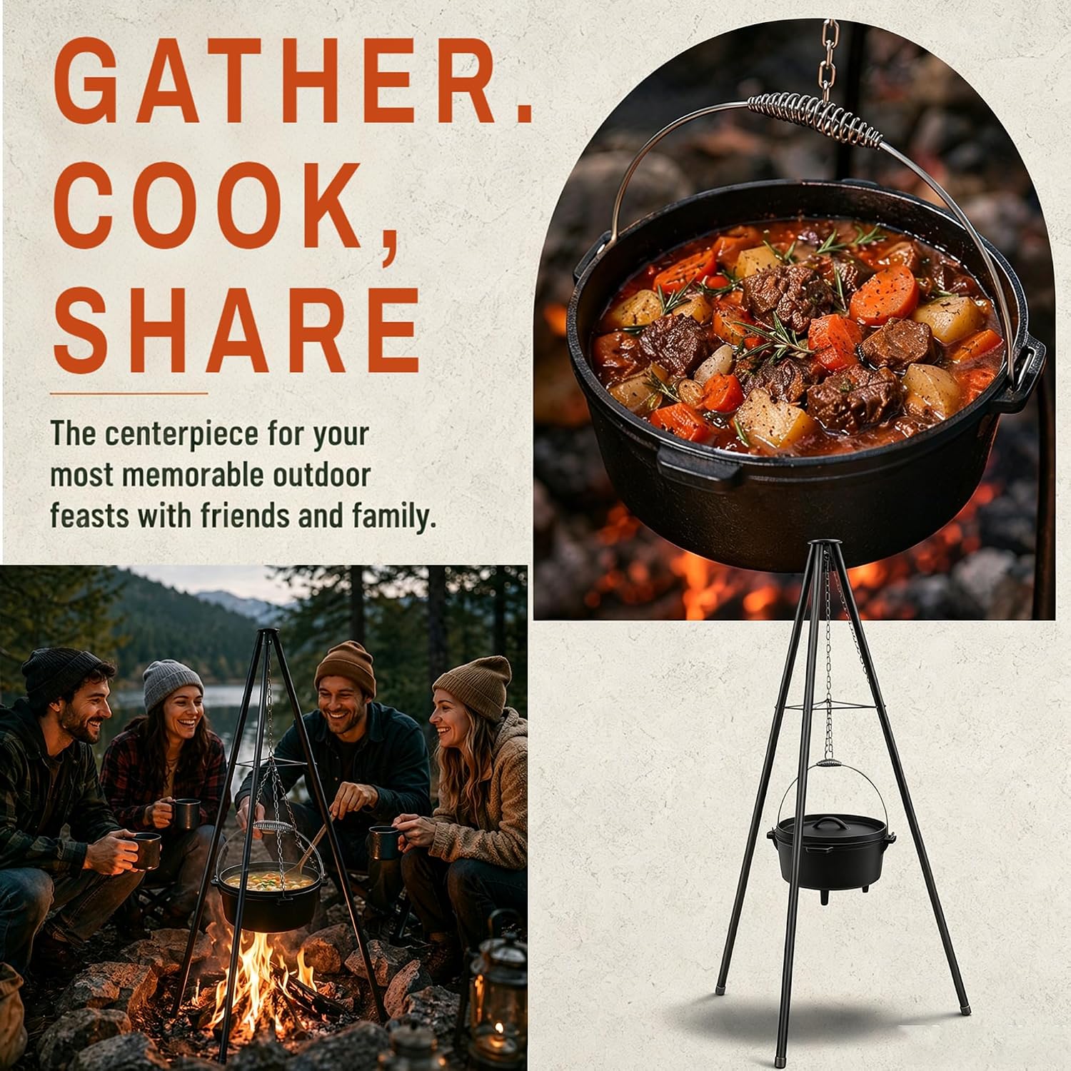 Campfire Tripod, Camping Dutch Oven with Lid and Lifter,Grill Grate | Adjustable Height Chain,4 Quart Cast Iron Dutch Oven,Campfire Cooking Equipment,for Outdoor Cooking and Barbecues