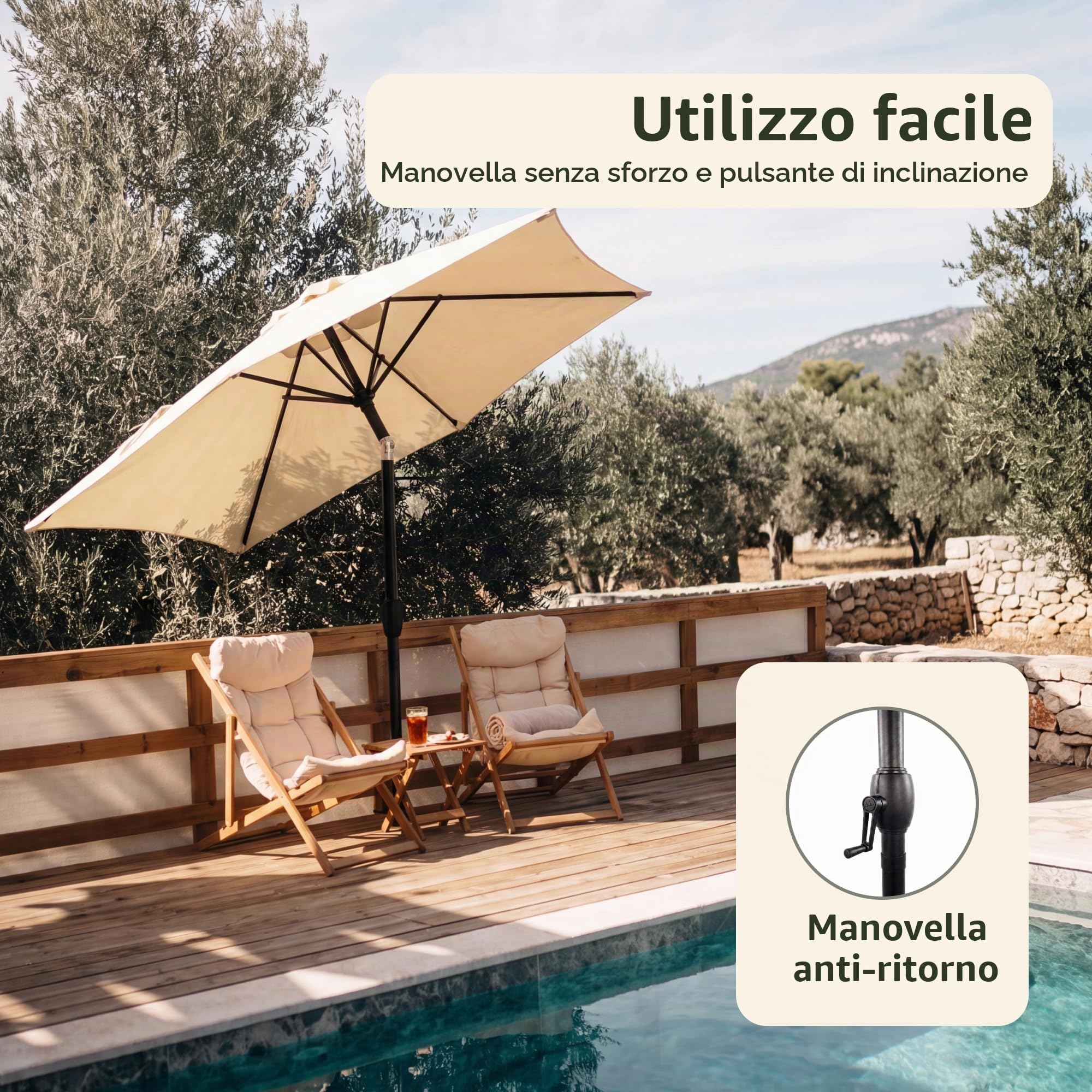 JJ. Juanito - Ombrellone dritto rotondo inclinabile, diametro 300 cm, apertura manovella, tela di qualità professionale, resistente ai raggi UV 240 g/m2, lavabile in lavatrice, resistente al vento