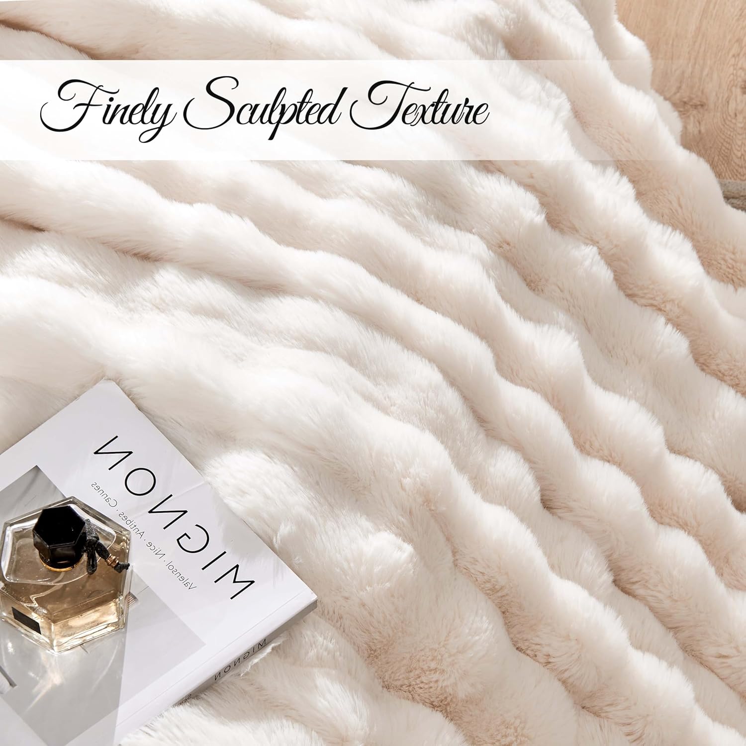 Luxury Faux Rabbit Fur Throw Blanket, Soft Bubble Fluffy Blanket Cozy Fuzzy Throw Blankets for Bed Sofa Couch, Decorative Thick Warm Plush Fuzzy Elegant Soft Mink Blanket (50" x 60",Cream White) - Image 6