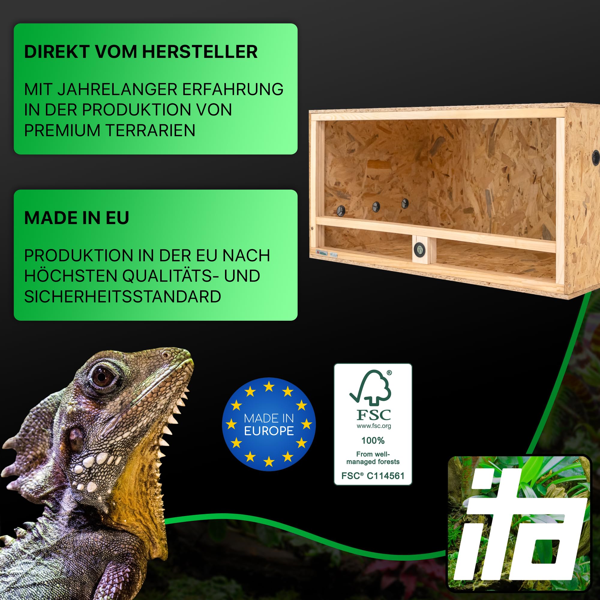 ITA Holz Terrarium 100x60x50 cm mit Seitenbelüftung & Integriertem Hygrometer - Holzterrarium aus OSB-3 Platten - Terrarien für Reptilien, Schlangen, Amphibien - EU Produkt, FSC Zertifiziert