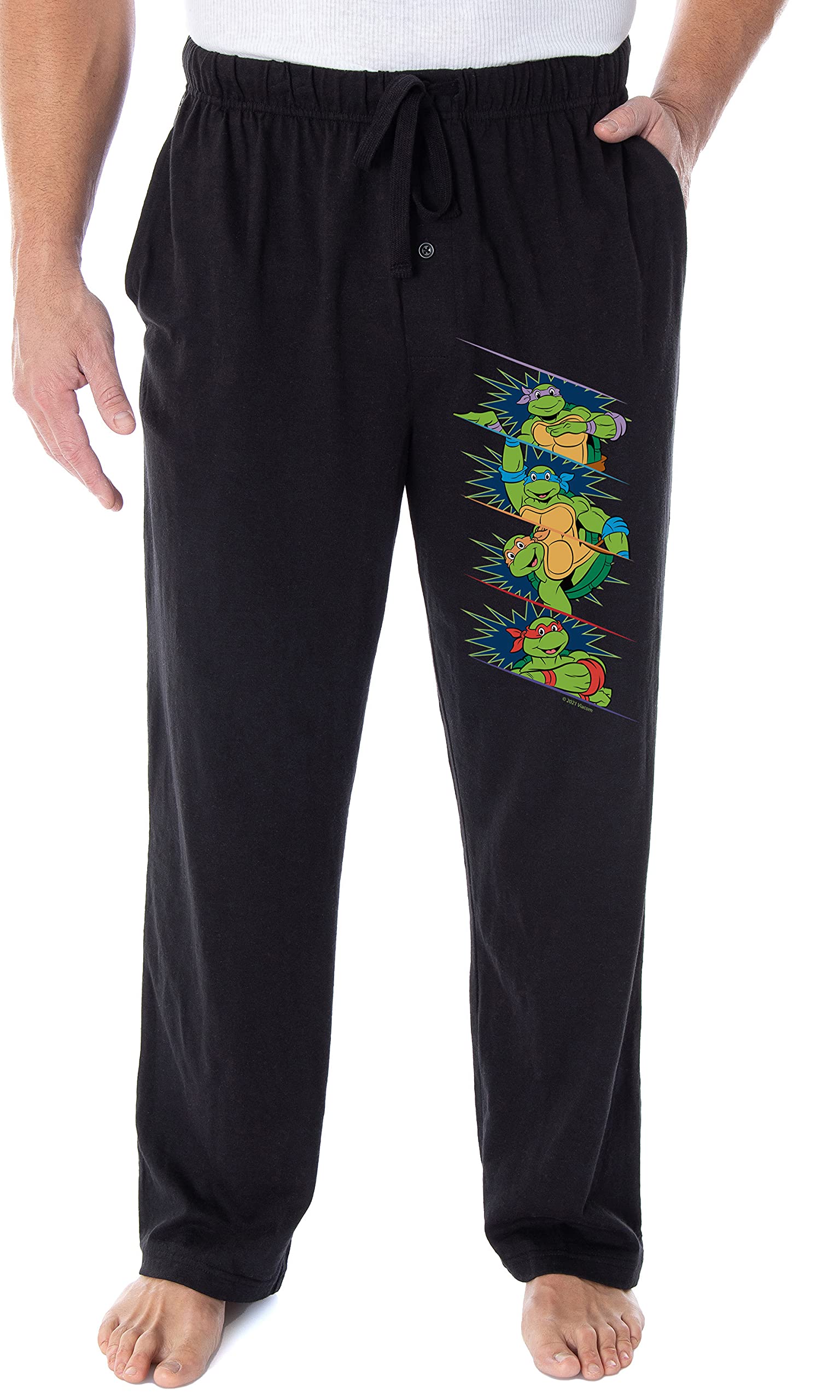 Intimo Men's Black Teenage Mutant Ninja Turtle Classic Cartoon 4 Character Panel Tmnt Loungewear Sleep Pajama Pants (Large)