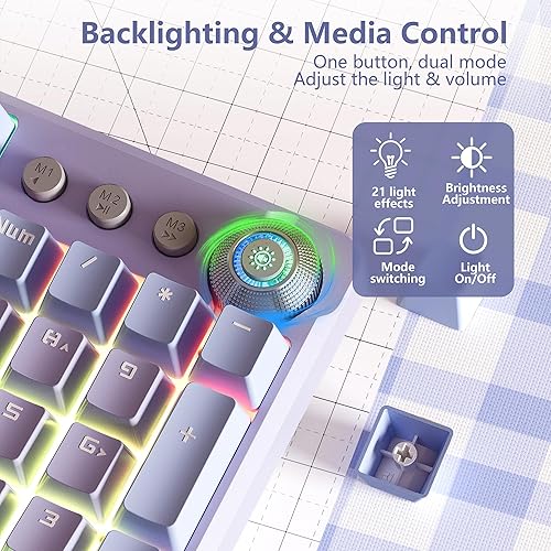 Miniatura 4 de AULA Teclado F2088 Pro, teclado mecánico morado de 108 teclas con retroiluminación RGB arco iris, cubierta superior extraíble, perilla estética,