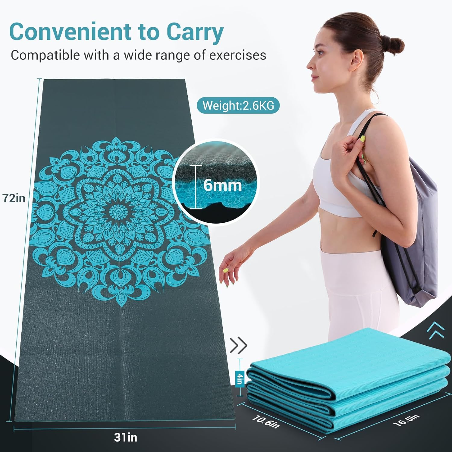 Avoalre Folding Yoga Mat, 72"x 32"x 0.24" Extra Wide Non-Slip Exercise Fitness Yoga Mats, Eco-Friendly High Density 6mm Thick Print Pilates Mat with Carrying Bag for Women Men Home Workout - Image 7