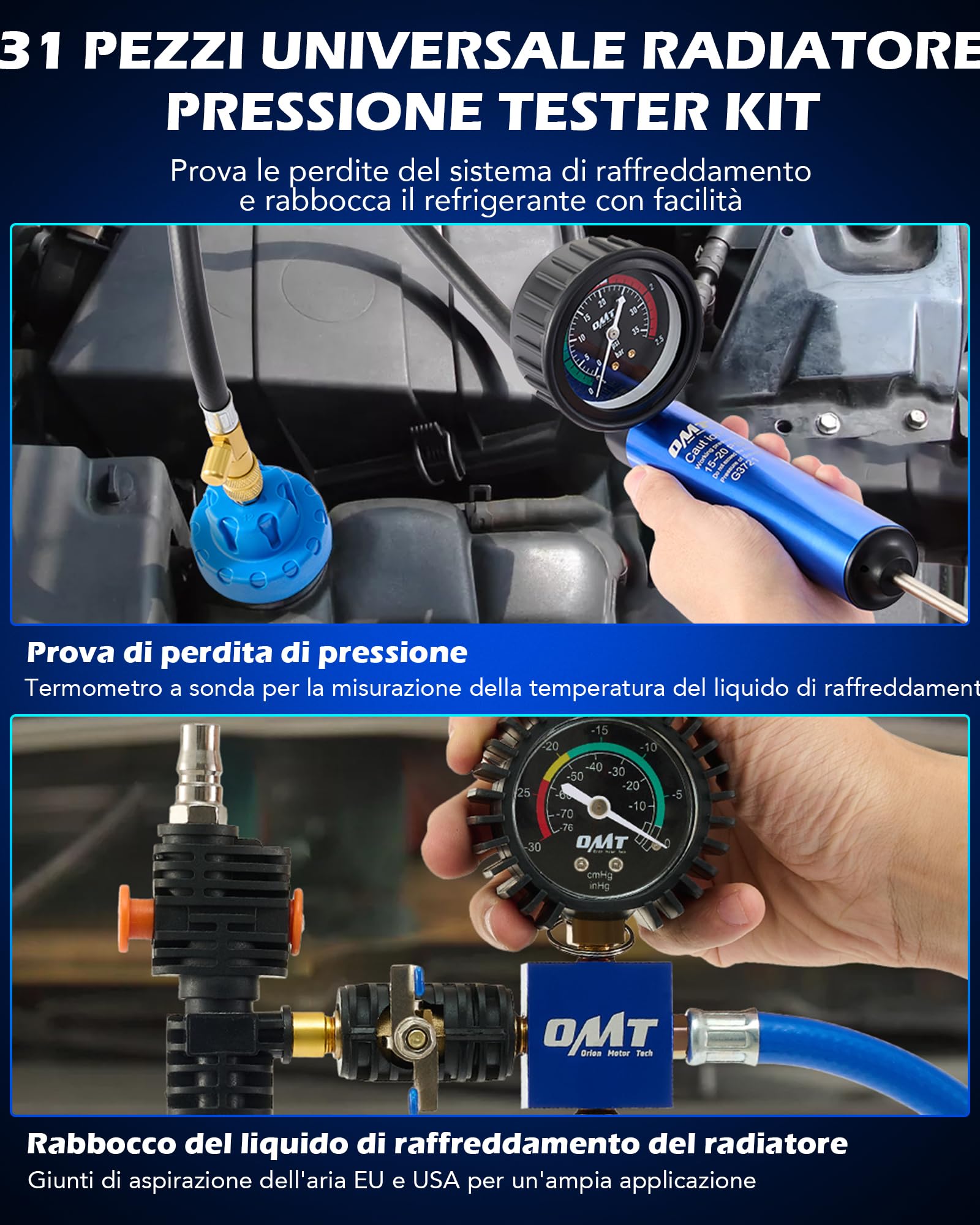 Orion Motor Tech 31 Pezzi Universale Radiatore Pressione Tester Kit con 23 Adattatori, Kit di Prova della Pressione del Sistema di Raffreddamento del Radiatore con Spurgo e Pompa del Vuoto
