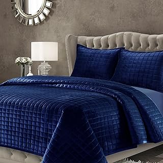 Tribeca Living Luxury Velvet Quilt King Size Set - 260GSM Ultra-Soft Oversized Velvet Bedspread Comforter Set with 2 Shams, in Florence Navy Blue