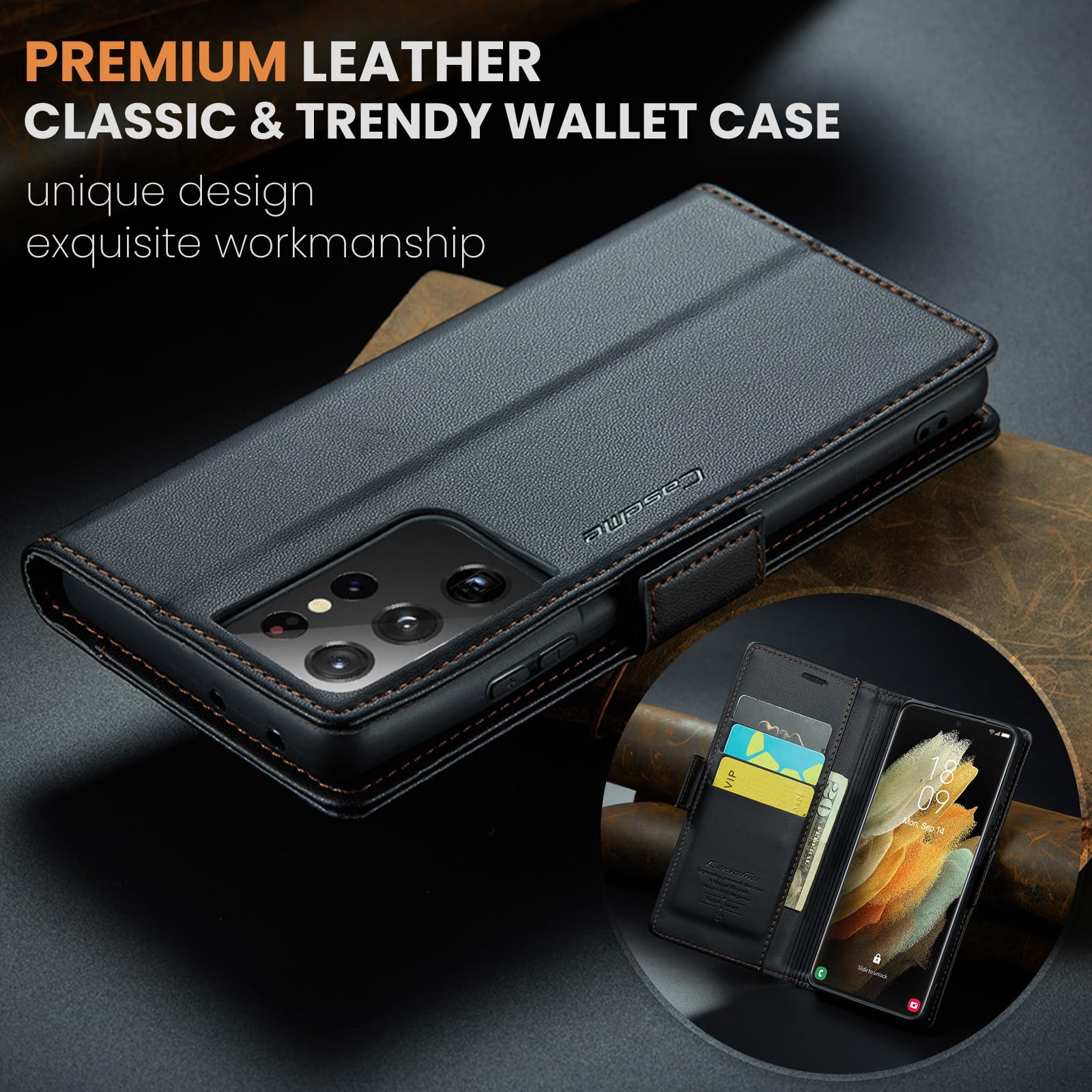 Etui do Samsung Galaxy S21 Ultra, wysokiej jakości skórzane portfela Case z [blokada RFID] stojak magnetyczne karty klapką ochrona obudowa Kompatybilne Samsung S21 Ultra, Czarny