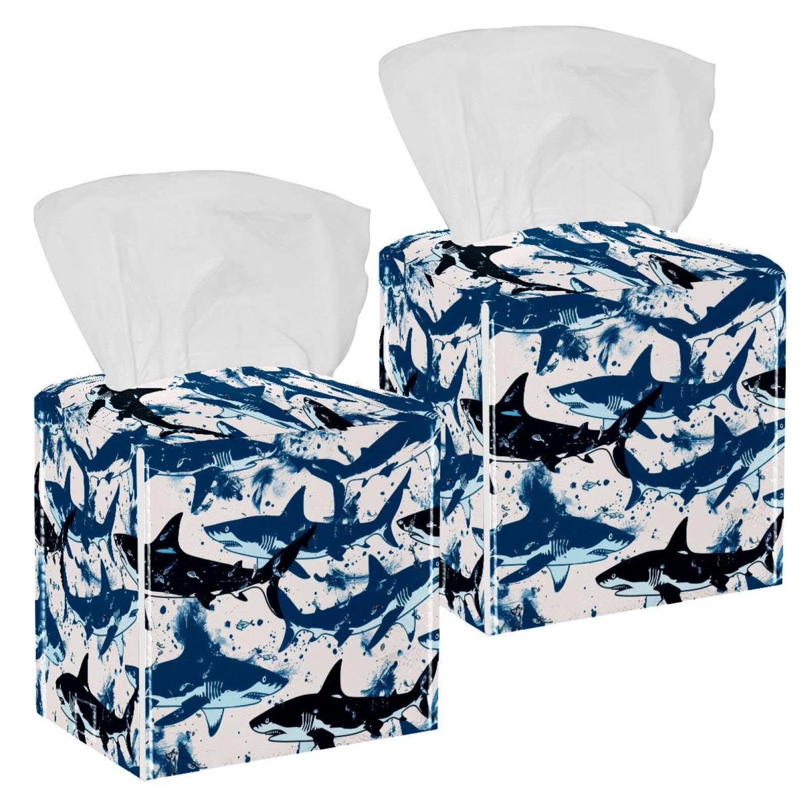 Sharks Tissue Box Cover, 2 Pack PU Leather Square Facial Tissue Dispenser Box holder for Home Office Car