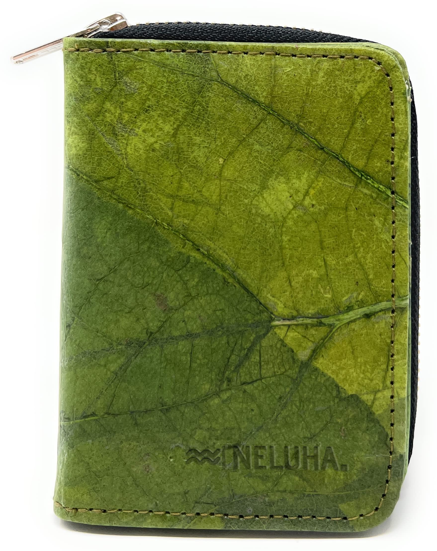 Portafoglio in foglie di teak, un'alternativa in pelle vegana e sostenibile, portafogli con molti scomparti apribili con chiusura lampo, verde, 12x9x3cm, Casual