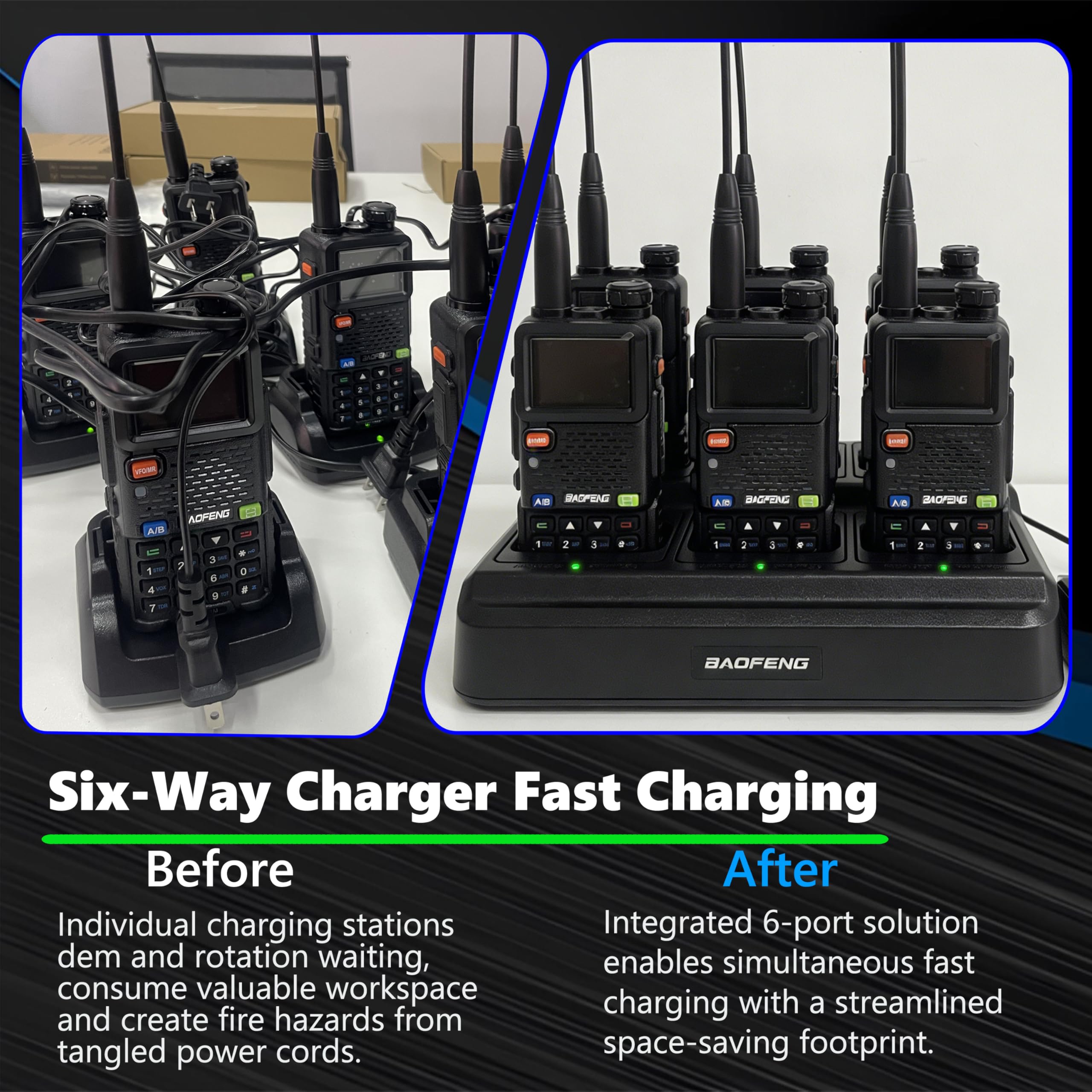 BAOFENG Cargador UV5RM de seis vías para estación de carga rápida AR-5RM/UV5RH Multi Unit con protección de sobrecarga y luces LED, ahorro de espacio Walkie Talkie y base de carga de batería