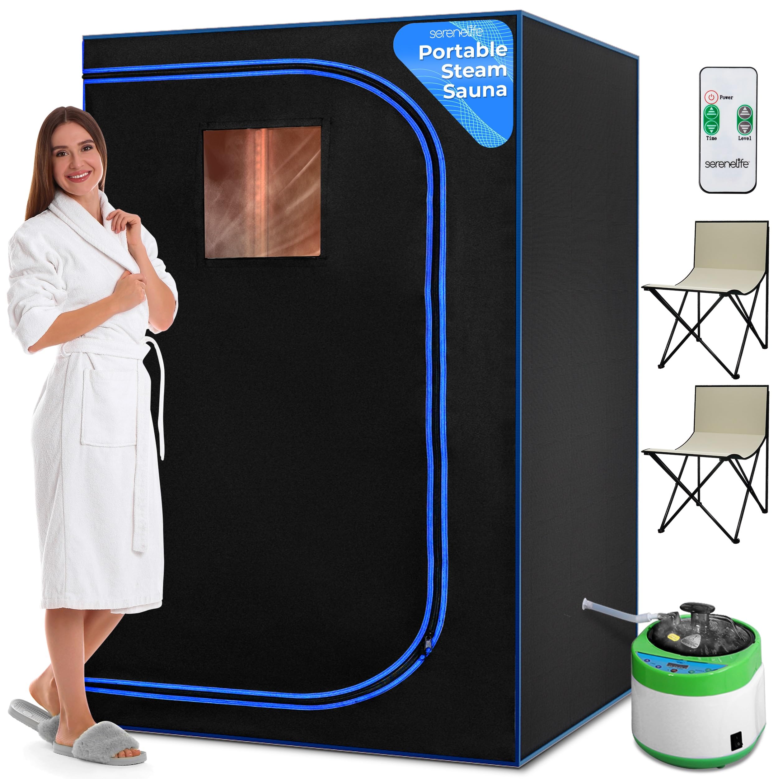SereneLife 2-Person Steam Sauna Portable- Detoxify & Soothing Heated Body Therapy, Energy & Power-Efficient Design, Includes Folding Chair & Heated Foot Pad, for Couples (Black)