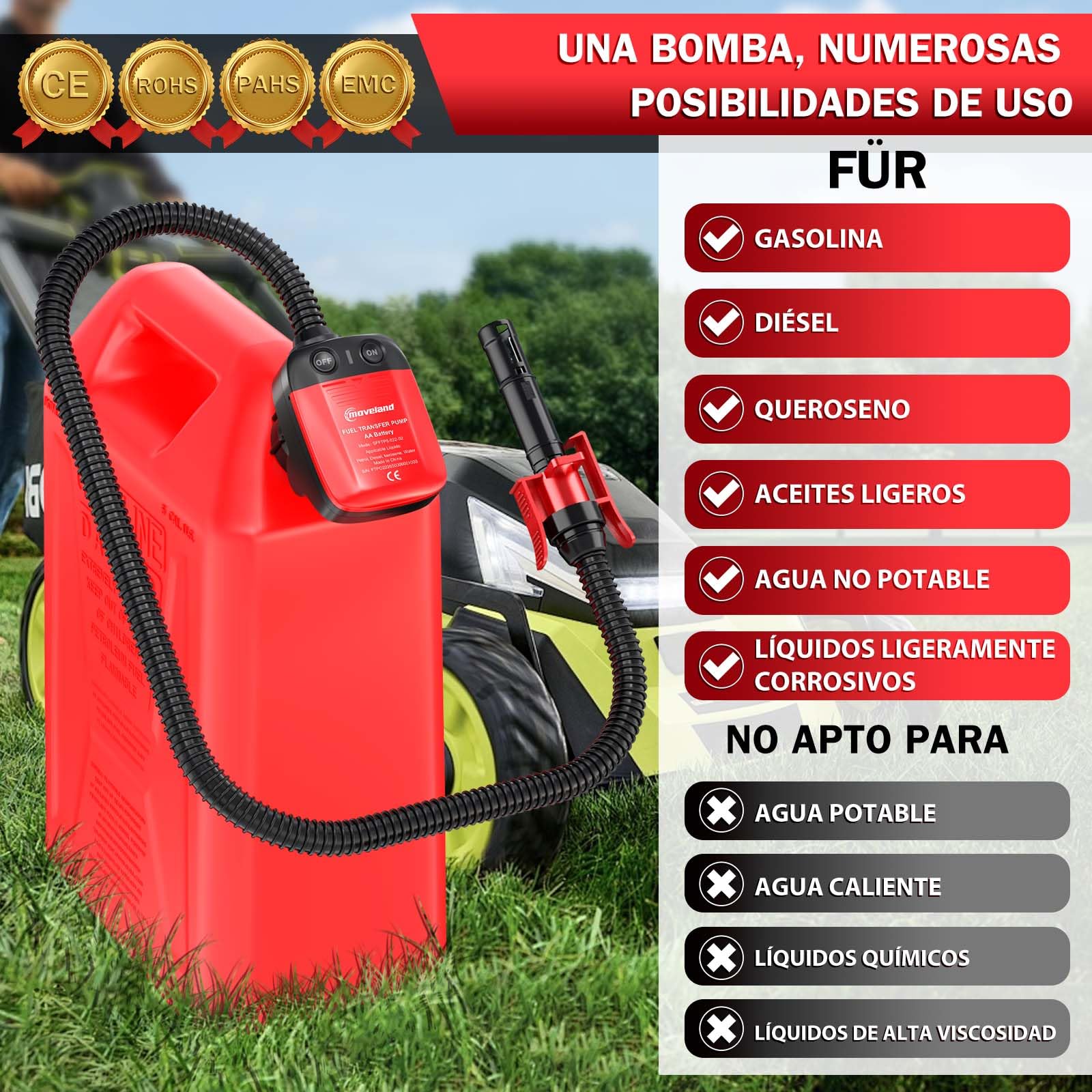 moveland Bomba de Combustible Eléctrica - Eficiente y Segura para Bidones, con Sensor Anti-Desbordamiento, 4 Adaptadores y Manguera de 2.2 GPM