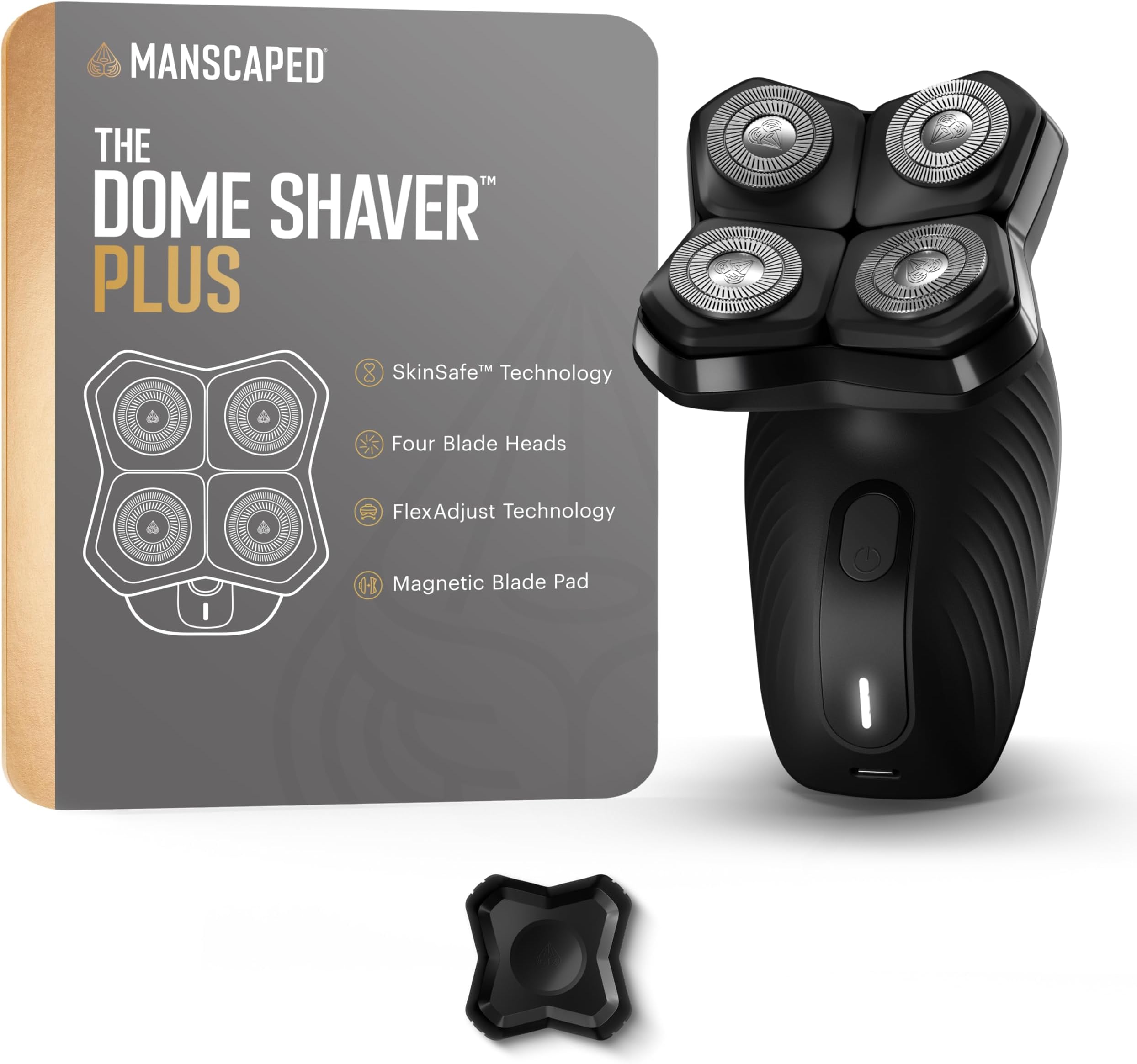 The Dome Shaver™ Plus Men’s Head Shaver – Four Double-Track Rotary Blades with SkinSafe® & FlexAdjust Technology, Waterproof, USB-C Charging, Magnetic Detachable Blade Pad, Travel Lock