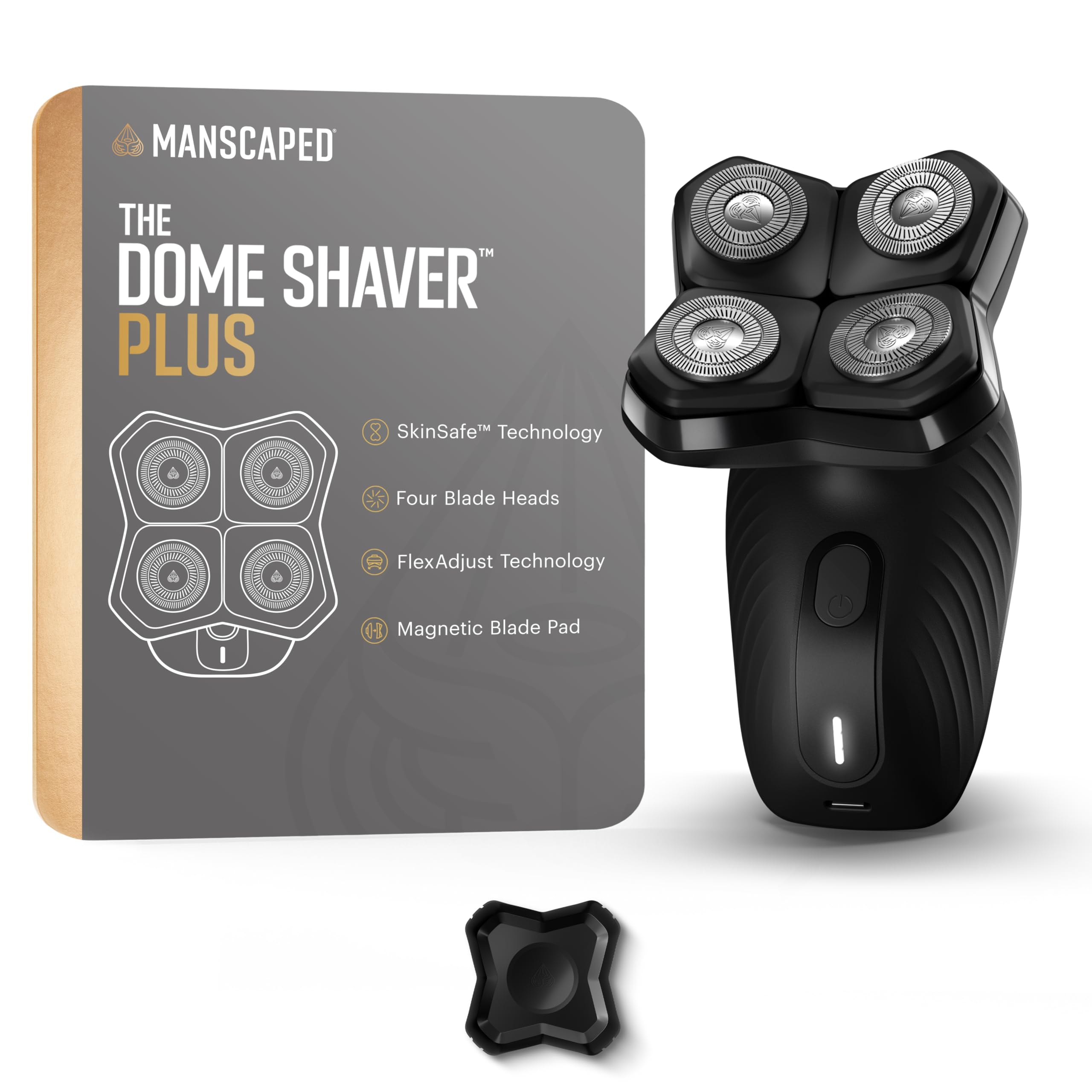 MANSCAPED The Dome Shaver Plus – Kopfrasierer mit 4 SkinSafe-Klingen, FlexAdjust, USB-C, magnetischem Polster