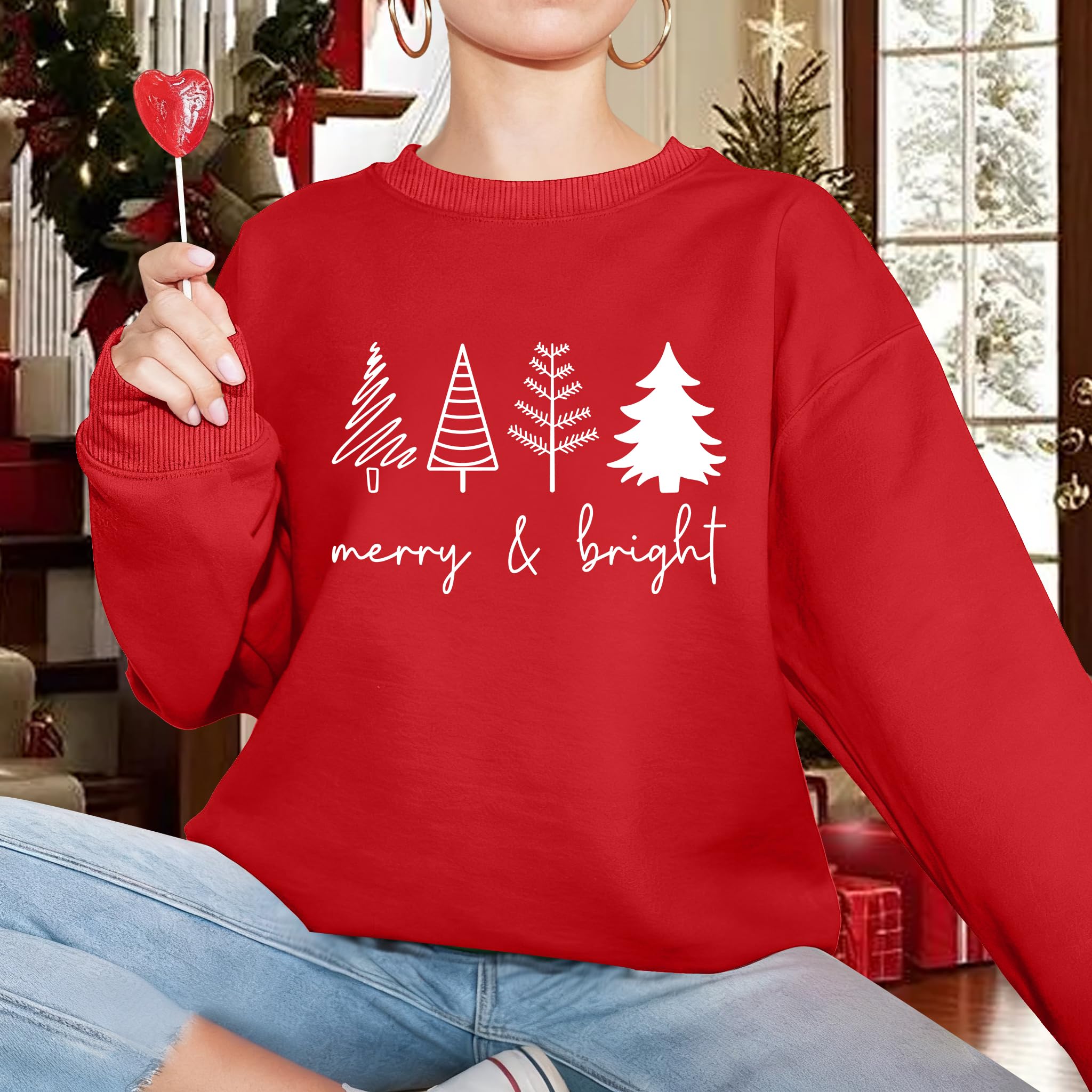 VVNTY Bluza bożonarodzeniowa damska Merry and Bright, zabawny sweter bożonarodzeniowy sweter z długim rękawem