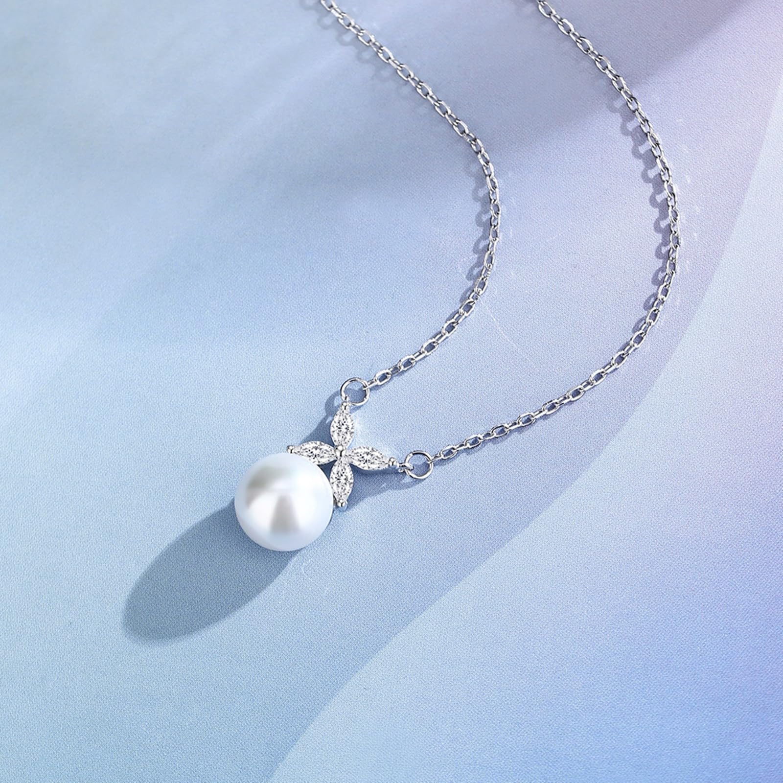 Collar de oro blanco para mujer, flor de moissanita y colgante de perlas de 8 mm, collares con colgante de 40 + 5 cm