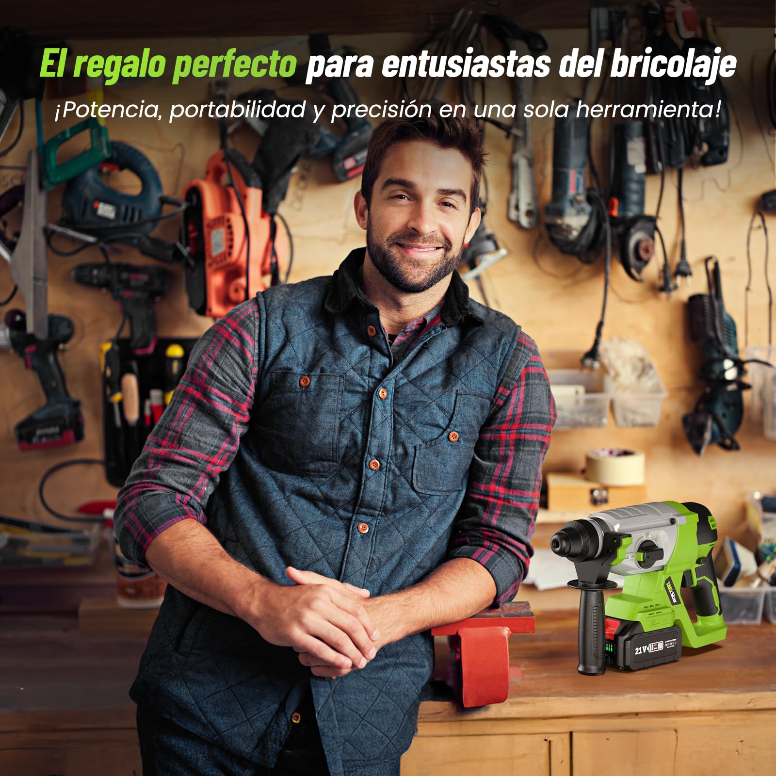 TaskStar 4 en 1 Martillo Perforador Inalámbrico 2.3J, Motor sin Escobillas, con 2 baterías de 4.0Ah 21V y cargador, Multifunción Taladro Percutor Portátil y Eficiente para Proyectos de Bricolaje