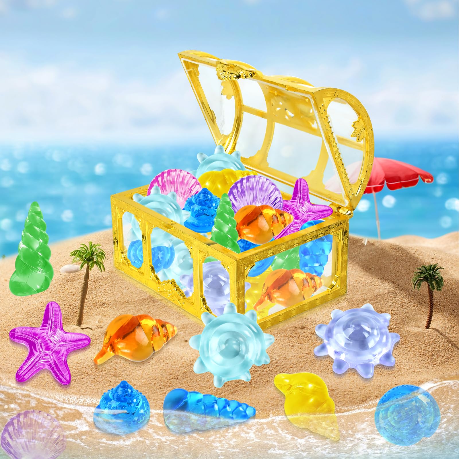 Set De Gemas Y Cofre Del Tesoro Para Piscina | 36 Piedras Preciosas De Buceo + 2 Cofres Pirata | Juguetes Acrílicos Para Fiestas, Playa Y Búsquedas Del Tesoro | Regalo Ideal Para Niños