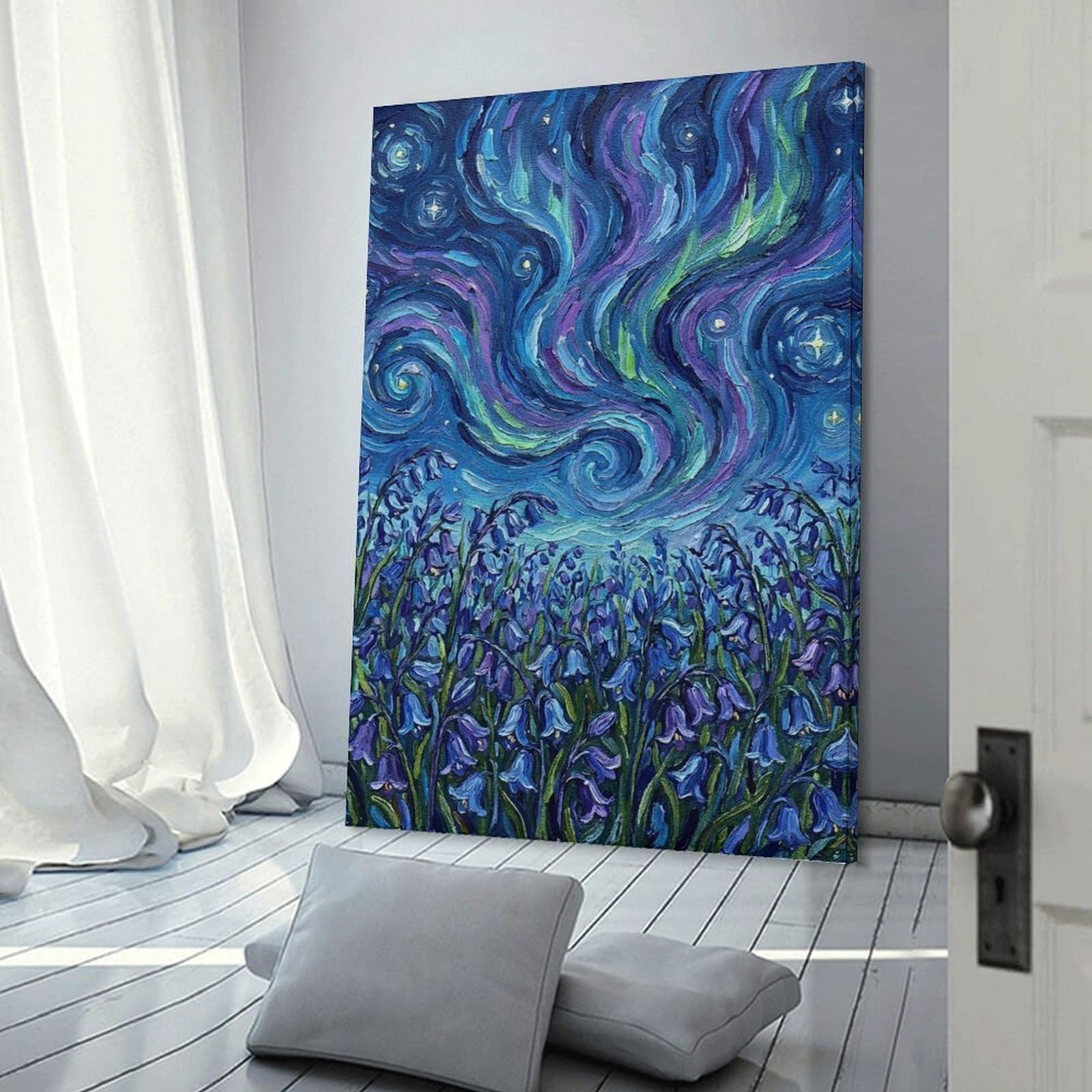 Junmoney Wall Art Print Bluebells And Aurora Painting, 20x30inch(50x75cm), for Living Room, Bedroom Or Home Office, Thoughtful Wall Decor for Art Lovers