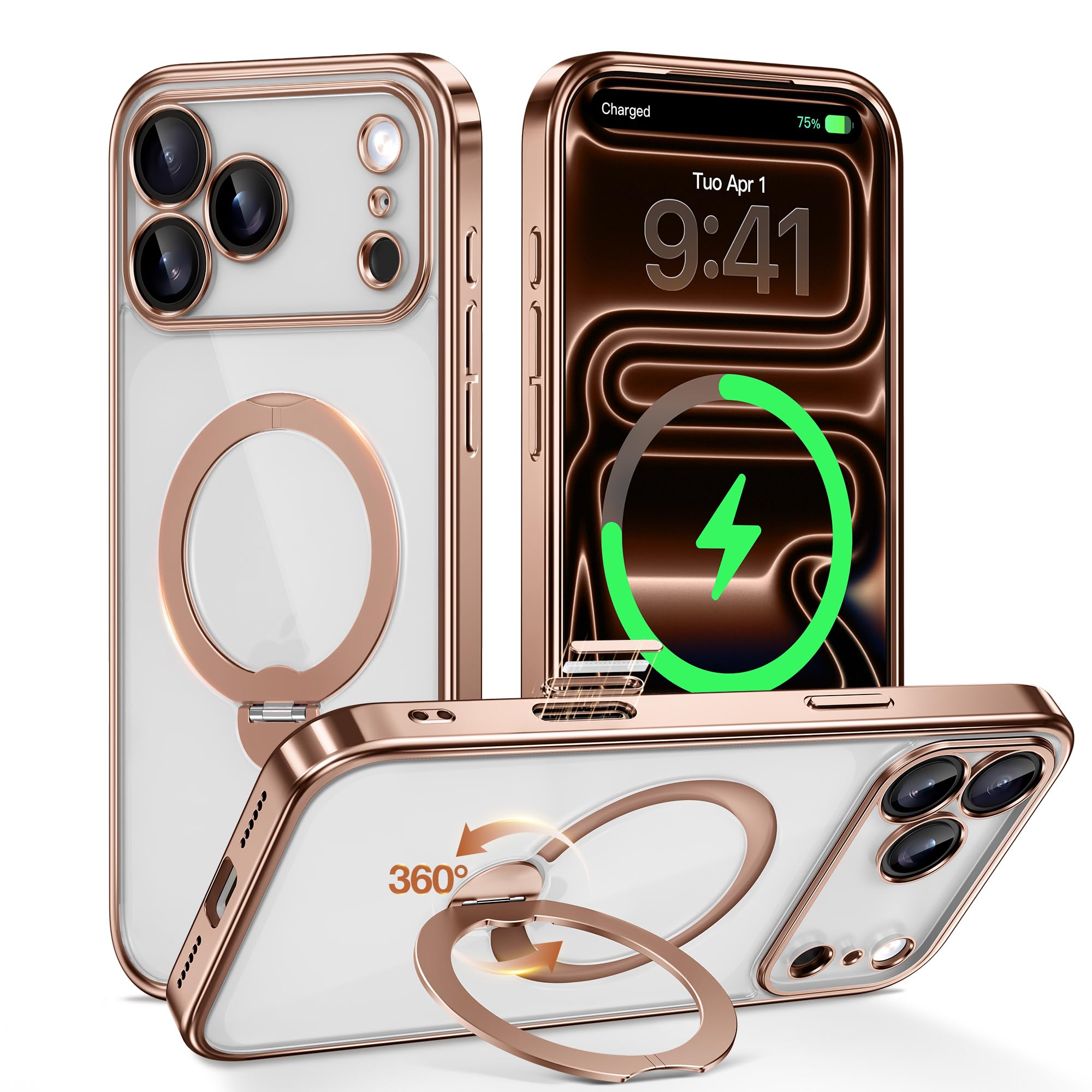 GolbinBox for iPhone 17 Pro Max Case with 360° Spin Magnetic Stand,[Compatible with Magsafe] [Military Protection][Built-in Ring Holder] Camera Control Phone Case for 17 Pro Max,Rose Gold/Clear
